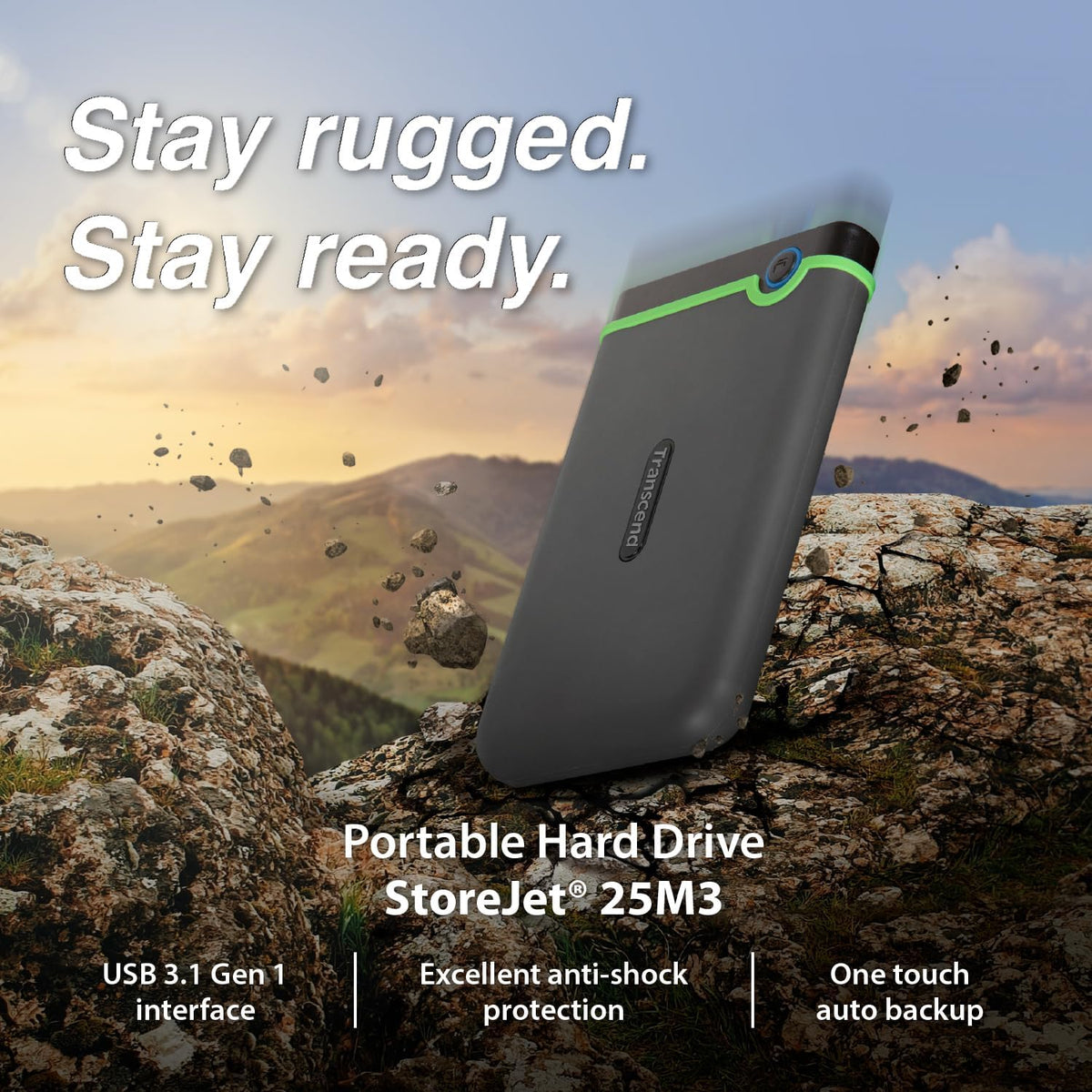 Transcend StoreJet 2TB Rugged External Hard Drive, USB3.1(5Gbps) Portable HDD w/One Touch Auto-Backup Button/Anti-Shock Resistant/Compact&Lightweight/Lightning-Fast Speeds, Iron Gray - TS2TSJ25M3S