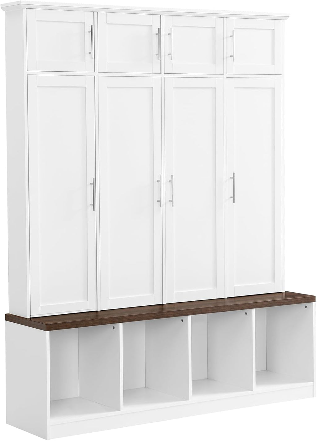 LUMISOL Wide Hall Tree with Storage Bench, Entryway Coat Rack with Open Compartments and 4 Hidden Hanging Hooks, Mudroom Entryway Bench with Shoe Storage, White