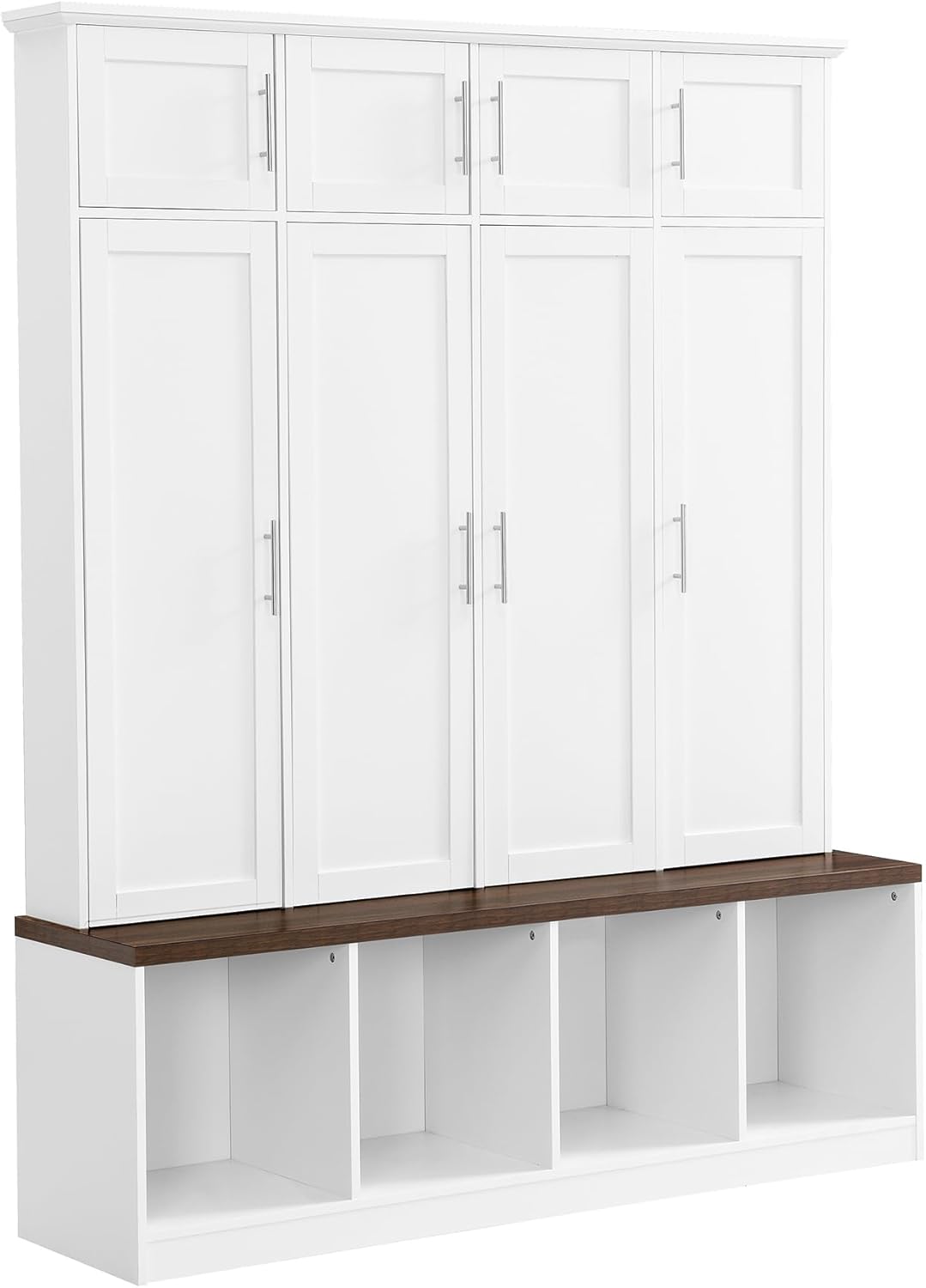 LUMISOL Wide Hall Tree with Storage Bench, Entryway Coat Rack with Open Compartments and 4 Hidden Hanging Hooks, Mudroom Entryway Bench with Shoe Storage, White