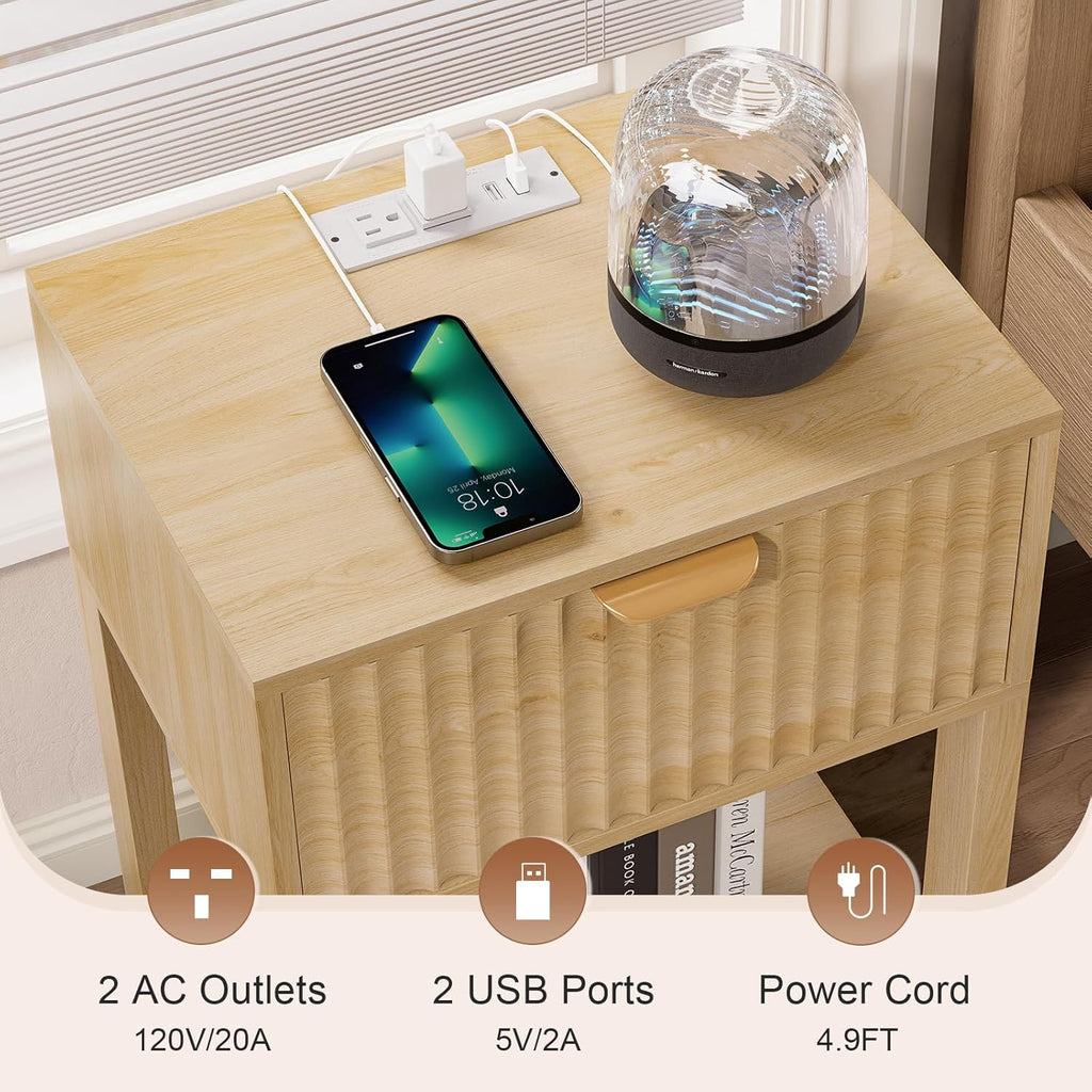 Nasonet Night Stand Set 2, Fluted Nightstand with Charging Station, Wood Bedside Table with Drawer & Storage Shelf, Modern End Tables for Bedroom Sofa Couch Office, Natural Oak