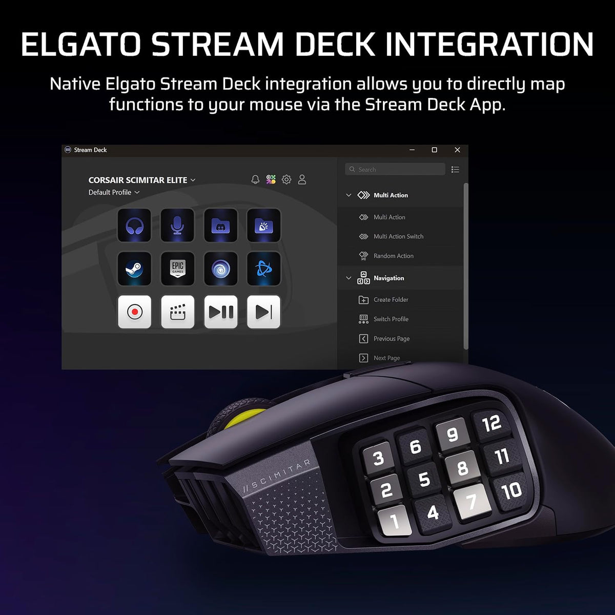 Corsair Scimitar Elite Wireless SE MMO PC Gaming Mouse – 33,000 DPI, 16 Programmable Buttons, Key Slider, Elgato Virtual Stream Deck, 1,000Hz Polling, Up to 150-Hour Battery – Gunmetal