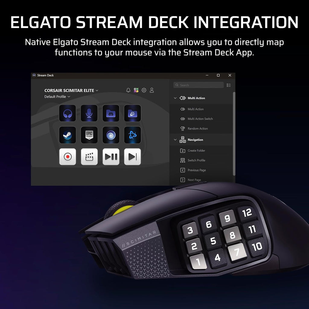 Corsair Scimitar Elite Wireless SE MMO PC Gaming Mouse – 33,000 DPI, 16 Programmable Buttons, Key Slider, Elgato Virtual Stream Deck, 1,000Hz Polling, Up to 150-Hour Battery – Gunmetal