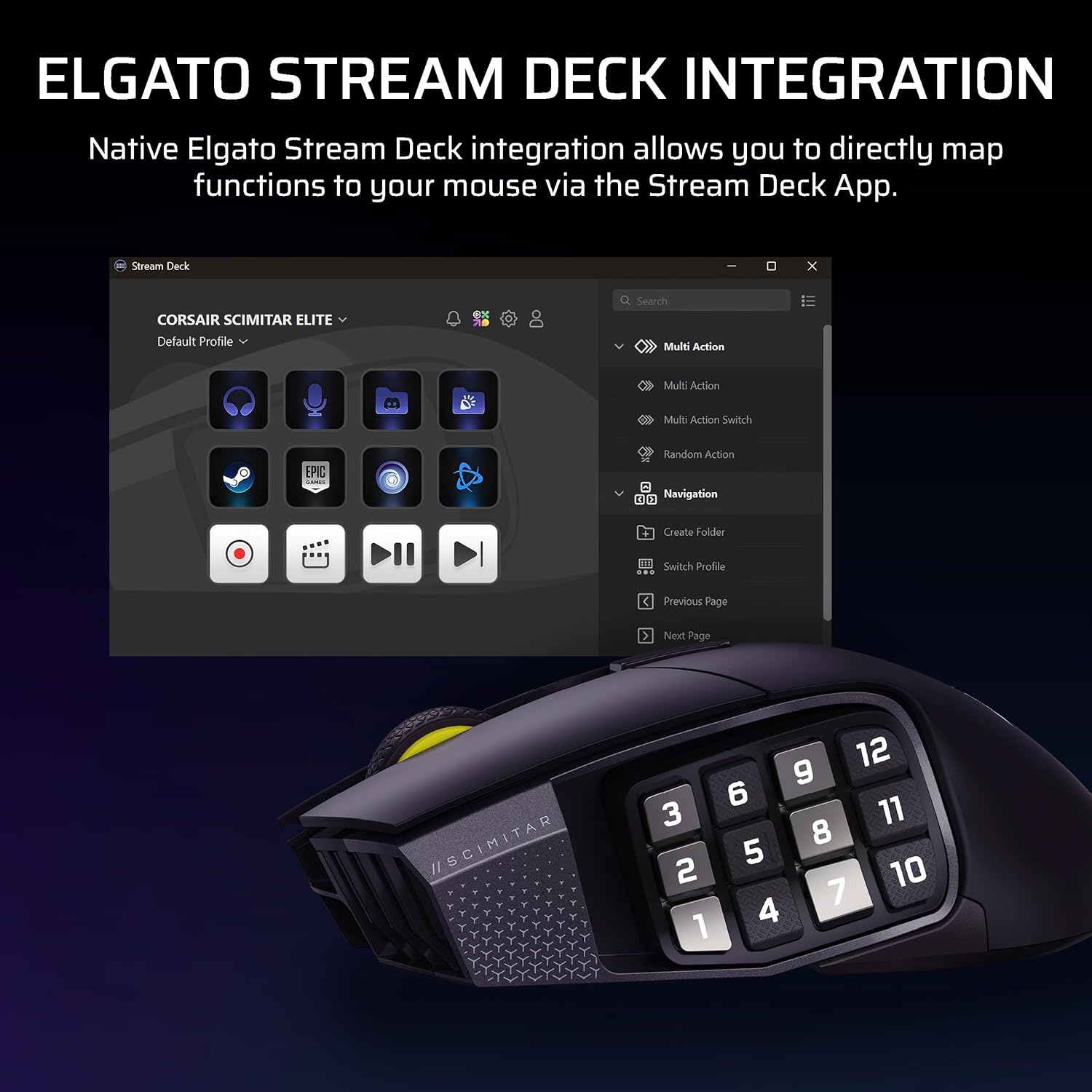 Corsair Scimitar Elite Wireless SE MMO PC Gaming Mouse – 33,000 DPI, 16 Programmable Buttons, Key Slider, Elgato Virtual Stream Deck, 1,000Hz Polling, Up to 150-Hour Battery – Gunmetal