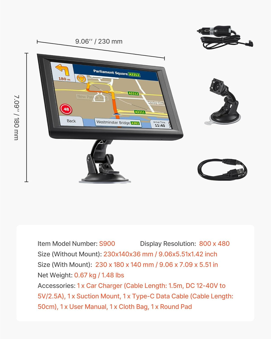 VEVOR GPS Navigator for Car, 9 inch Touch Screen 16GB GPS Navigation System with Built-in Dash Cam, Voice Turn-by-Turn Guidance, Speed and Red Light Warning, Custom Truck Routing, for Car Truck RV