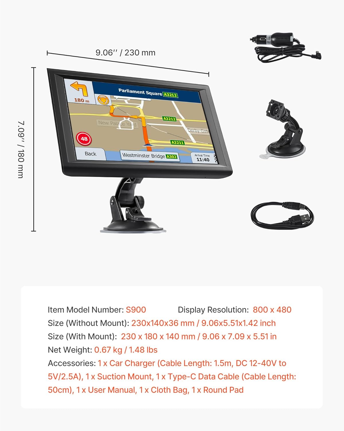 VEVOR GPS Navigator for Car, 9 inch Touch Screen 16GB GPS Navigation System with Built-in Dash Cam, Voice Turn-by-Turn Guidance, Speed and Red Light Warning, Custom Truck Routing, for Car Truck RV