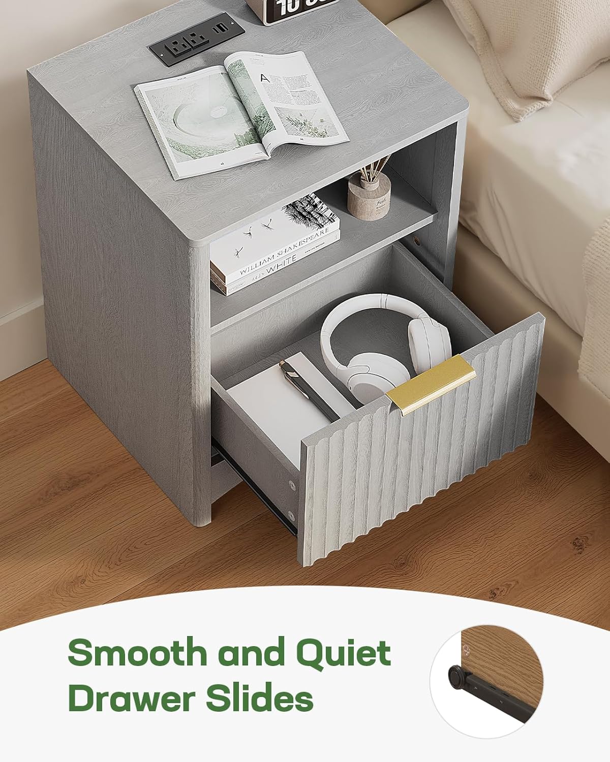 Marsail Fluted Nightstand Set of 2 with Charging Station, Adjustable Bedside Table with USB & AC Ports, Wood Grain Finish End Table, Sleek Wide Handle, Side Table for Bedroom, Light Grey