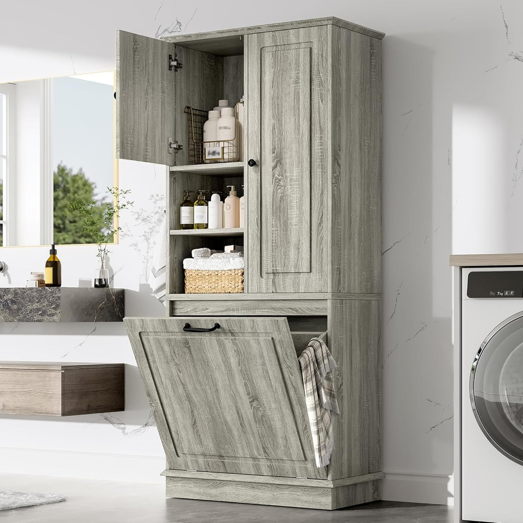 LUMISOL 68" Tall Tilt Out Laundry Hamper, Wood Laundry Cabinet with Hidden Hamper Basket, Freestanding Storage Cabinet with 2 Doors, Adjustable Shelf for Bathroom, Living Room, Kitchen, Oak