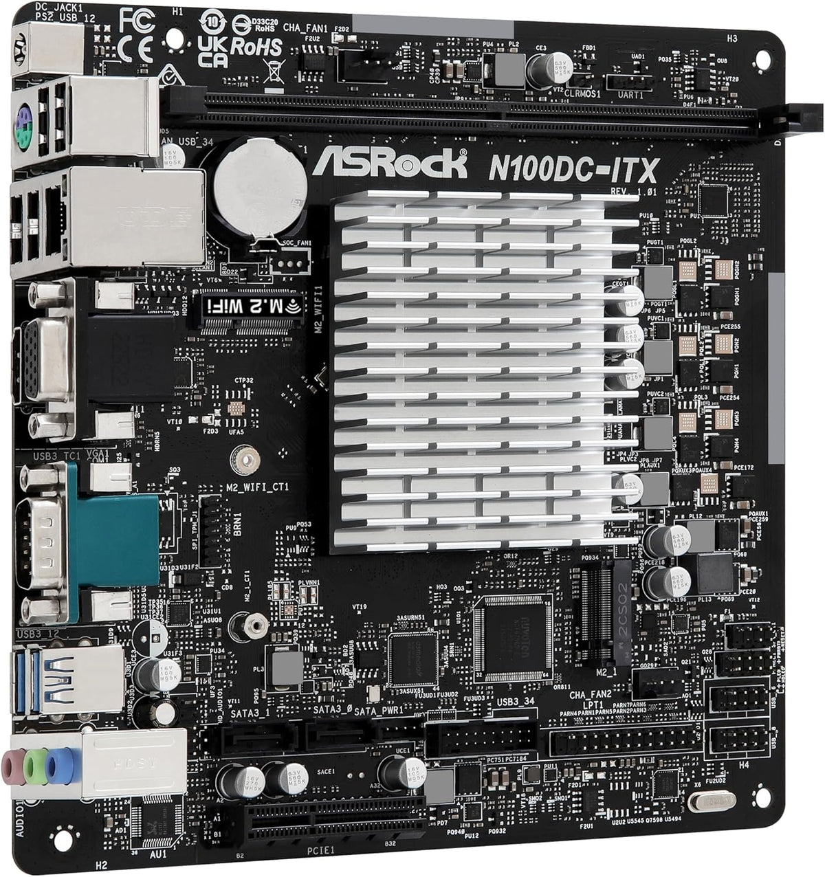 ASRock N100DC-ITX Mini-ITX Motherboard - Intel N100 Quad-Core (3.4GHz), DDR4, HDMI/D-Sub, Dual M.2 (NVMe/WiFi), SATA3, USB 3.2, Gigabit LAN, 19V DC Power