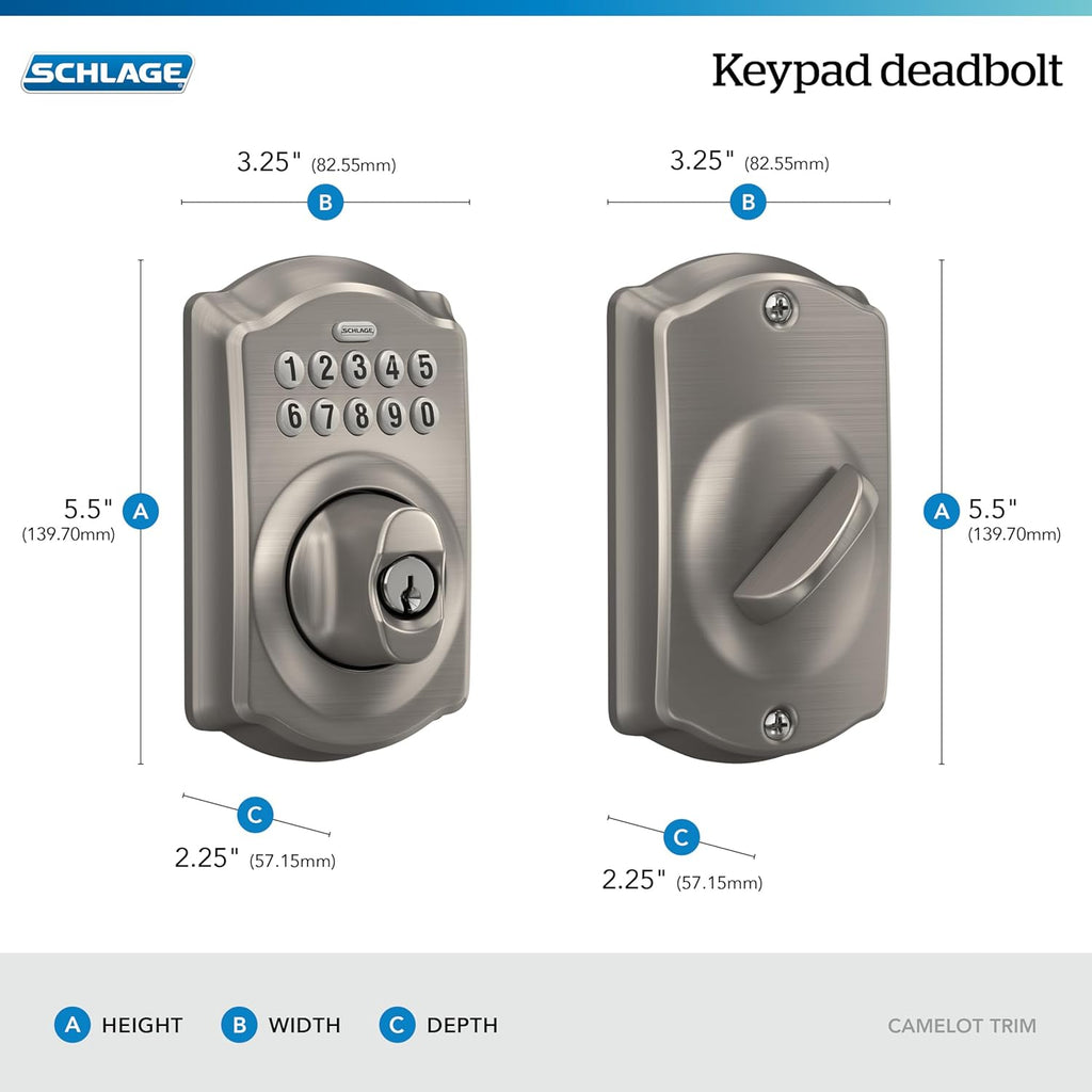 Schlage Camelot Electronic Keypad Deadbolt Lock, Keyless Front Door Entry, Mechanical Key Backup Included, Satin Nickel, BE365 V CAM 619