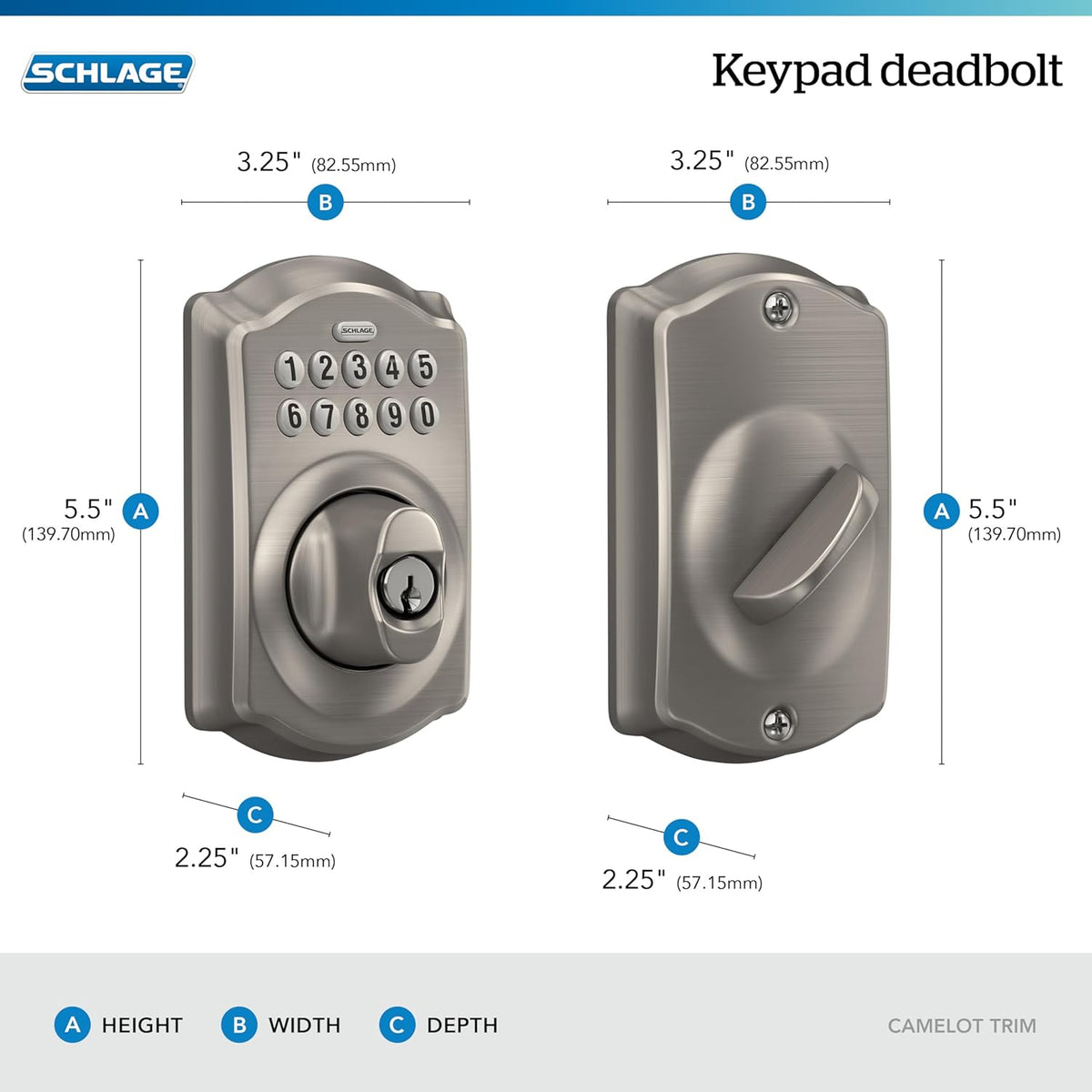 Schlage Camelot Electronic Keypad Deadbolt Lock, Keyless Front Door Entry, Mechanical Key Backup Included, Satin Nickel, BE365 V CAM 619