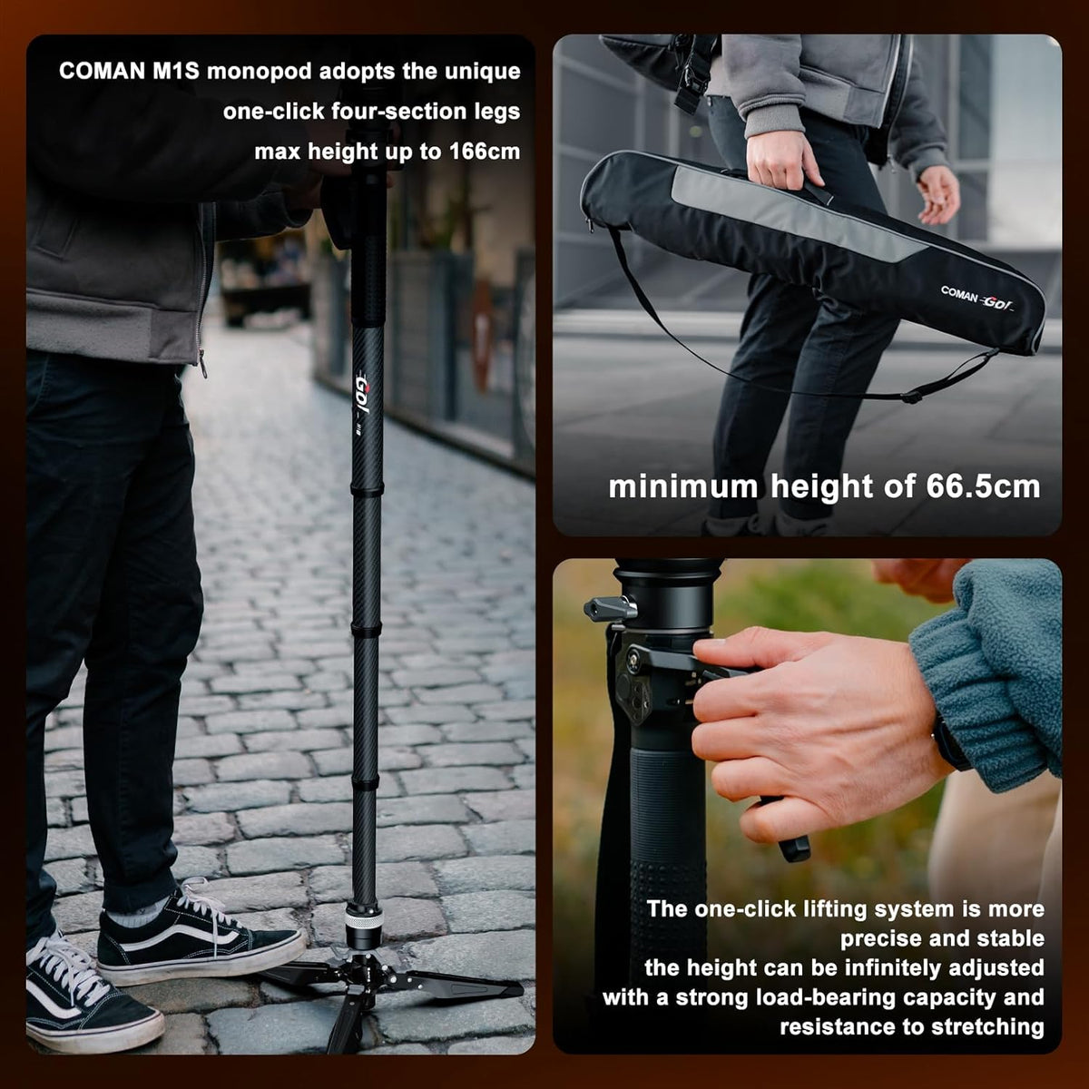 COMAN One-Click Lifting Monopod with Feet, 65'' Travel Monopod with 360° Ball Bowl Head, Lightweight Camera Tripod with Arca Quick Release for Canon Nikon, DSLR Cameras, Max Load 22lbs/10kg (M1S)
