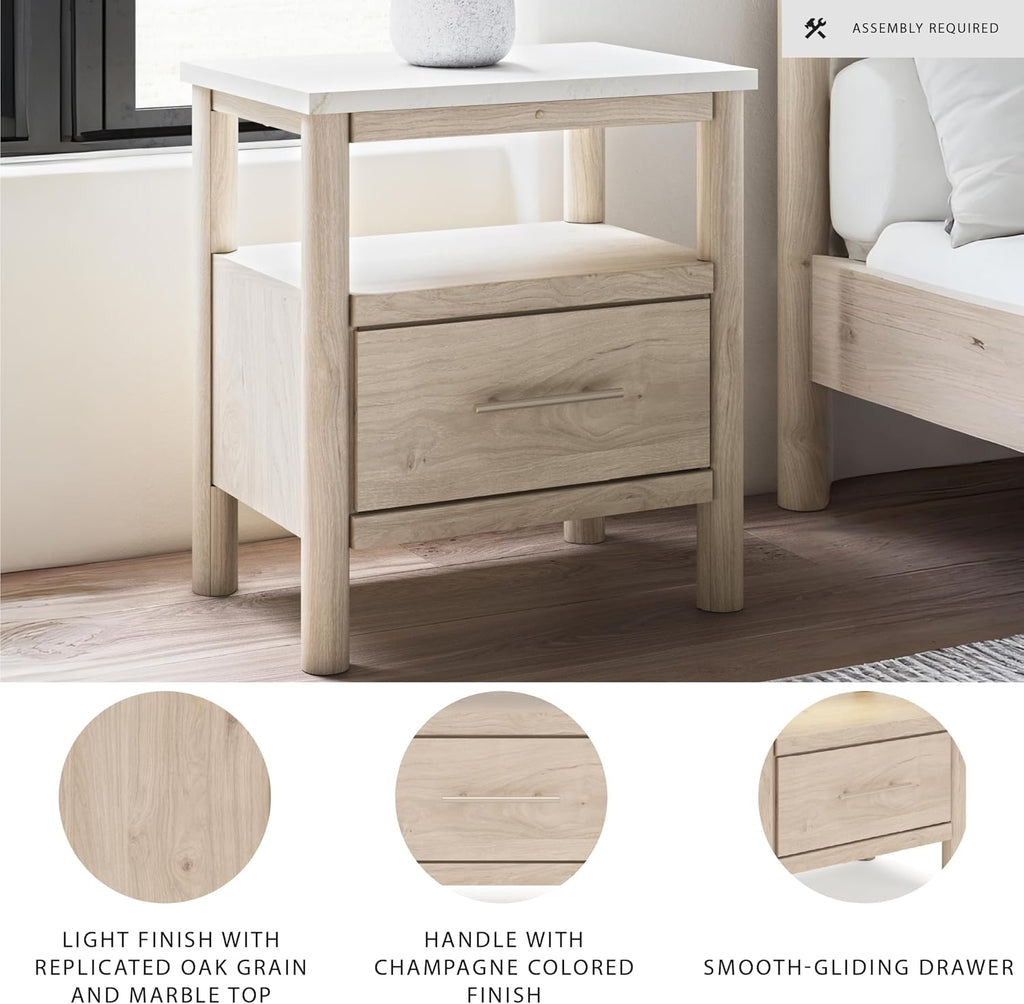 Signature Design by Ashley Cadmori Casual Faux Marble Tabletop 1 Drawer Nightstand with Open Shelf, Ambient Lights, Wireless Charging and USB-C Ports, 26.57" Tall, Light Brown & White