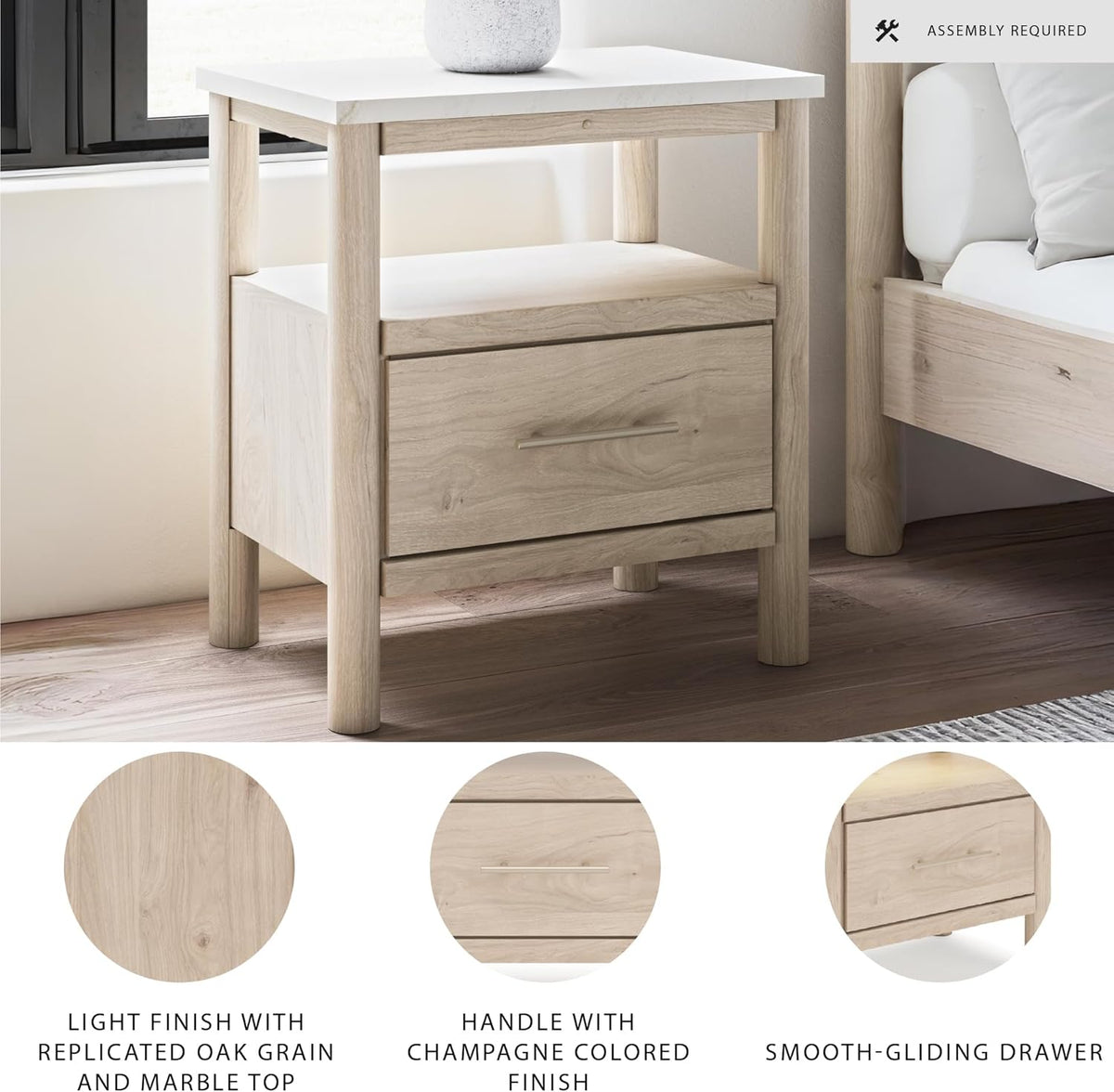 Signature Design by Ashley Cadmori Casual Faux Marble Tabletop 1 Drawer Nightstand with Open Shelf, Ambient Lights, Wireless Charging and USB-C Ports, 26.57" Tall, Light Brown & White