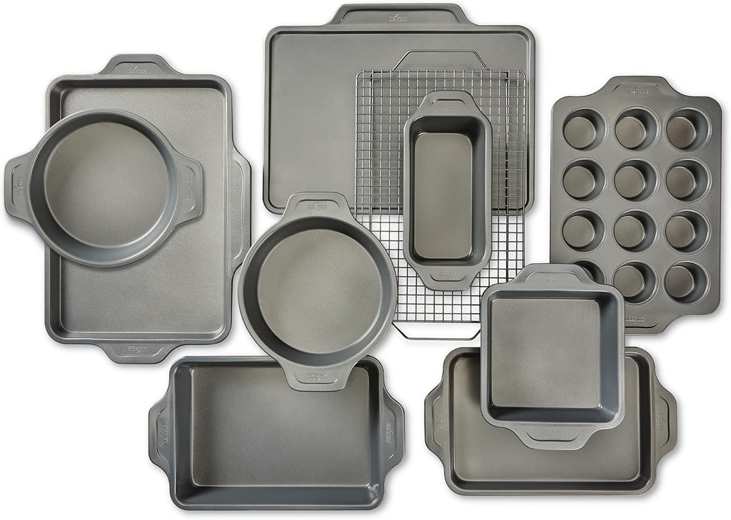 All-Clad Pro-Release Nonstick Bakeware Set 10 Piece Oven Safe 450F Half Sheet, Cookie Sheet, Muffin Pan, Cooling & Baking Rack, Round Cake Pan, Loaf Pan, Baking Pan Grey