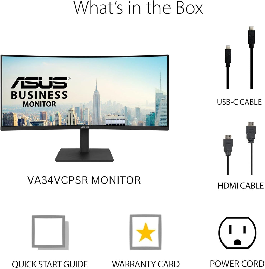 ASUS 34” Curved USB-C Docking Monitor (VA34VCPSR) - WQHD (3440x1440), 1500R Curvature, Frameless, USB-C PD 96W, RJ45, USB hub, Eye Care, Ergonomic, VESA Wall Mountable, 3 yr Warranty