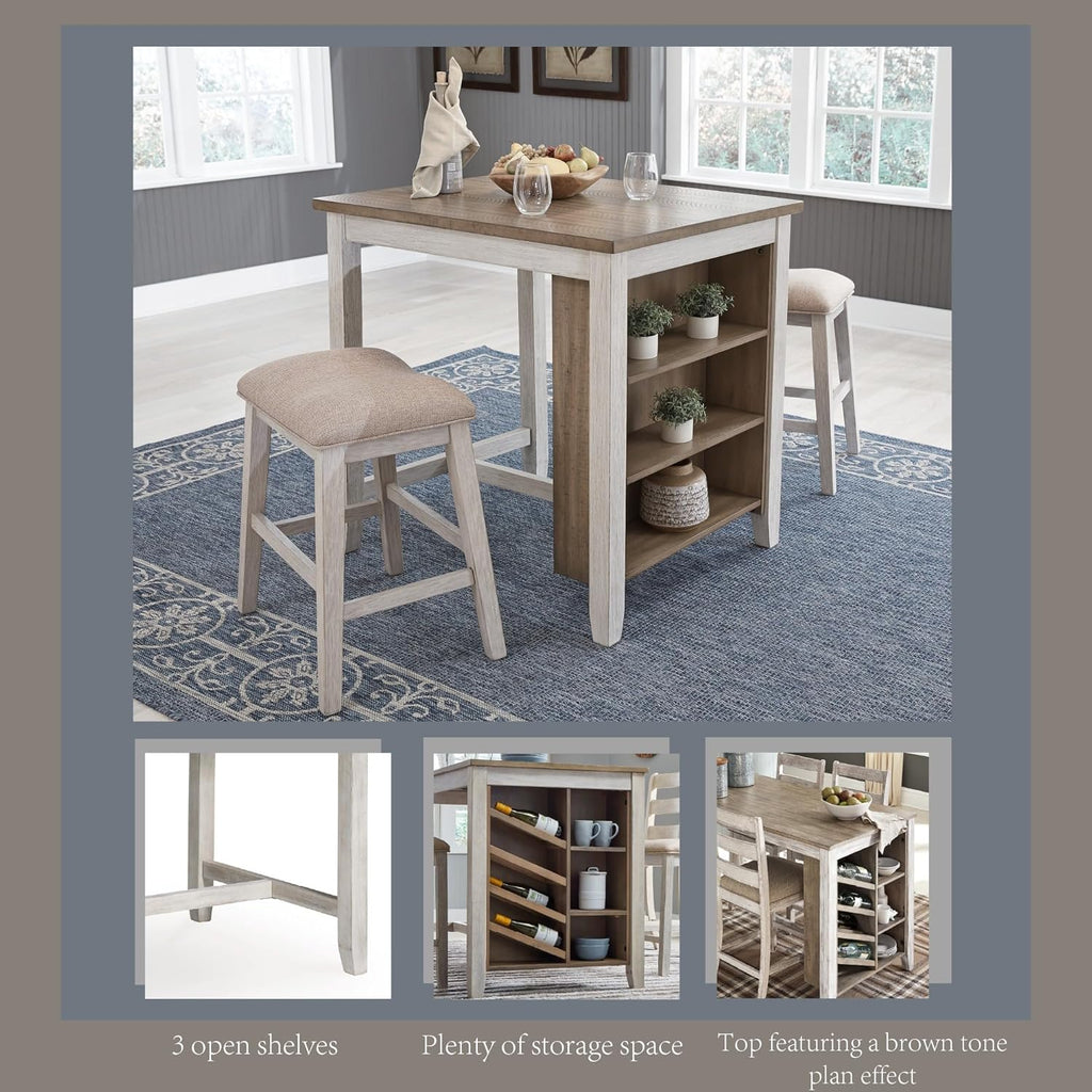 Signature Design by Ashley Skempton 3 Piece Counter Height Dining Set, Includes Table and 2 Barstools, Cushioned Seats, Wood, Whitewash