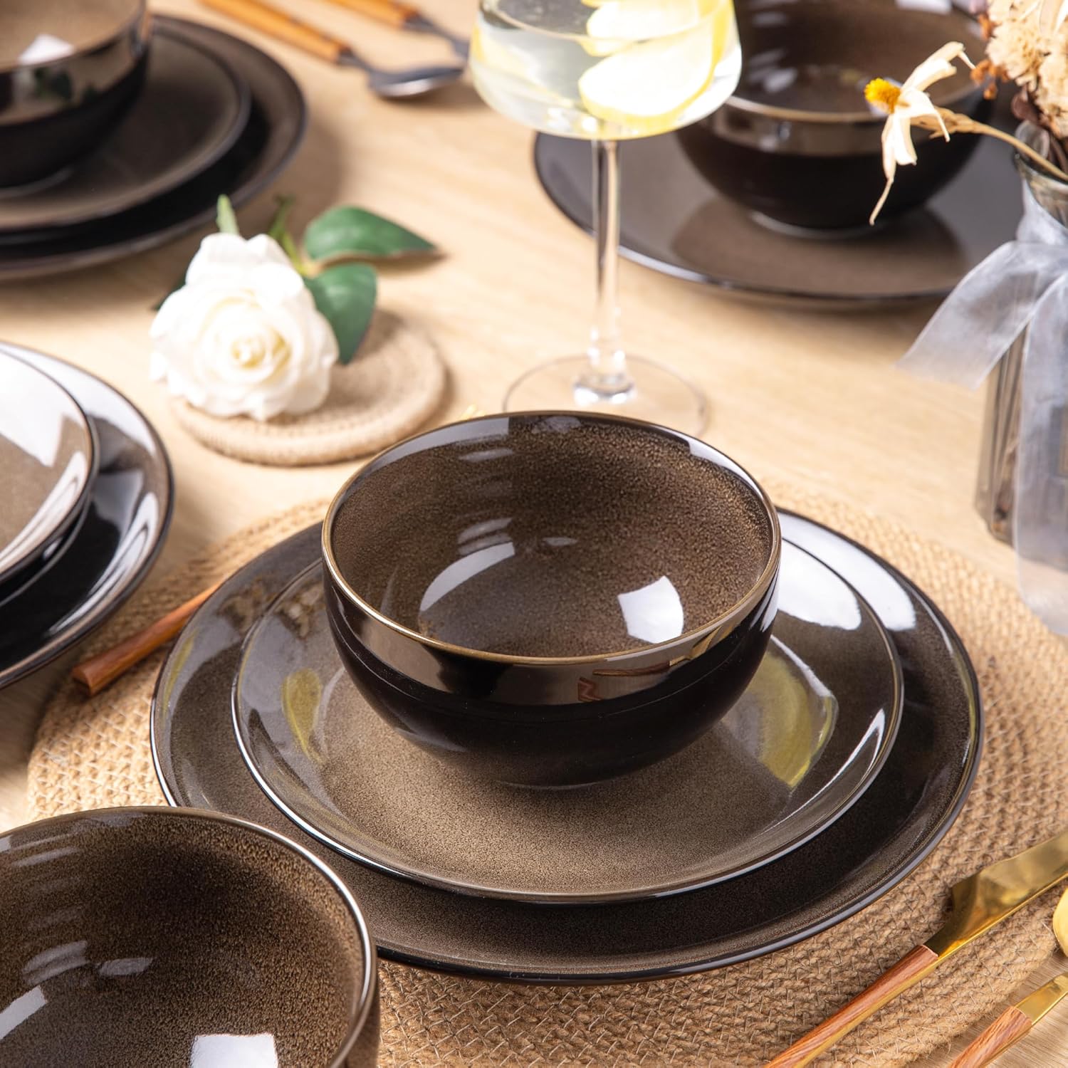 LERATIO Ceramic Dinnerware Sets for 8,Stoneware Plates and Bowls Sets,Handmade Reactive Glaze Dishes Set,Chip Resistant and Scratch Resistant | Oven&Dishwasher & Microwave Safe-Chestnut(24PCS)