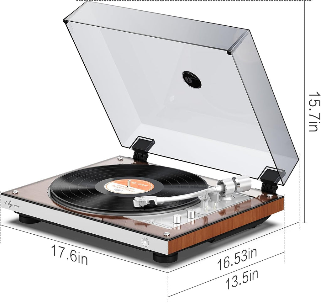 1 BY ONE Fully Automatic Belt-Drive Turntable, Wireless Vinyl Record Player with Automatic Repeat Function, Remote Control, Phono Preamp, AT-3600L Cartridge, 33/45 RPM