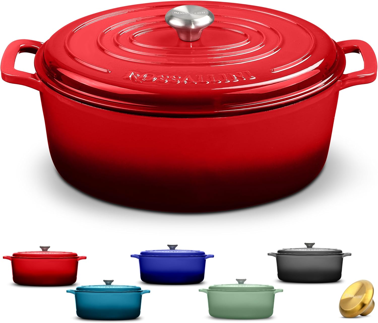 ROSSALLINI Signature Enameled Cast Iron Oval Dutch Oven | Non-Stick Serving Pot with Tight Fitting Lid for Perfect Roasting, Baking, Sauteing, and Bread Making | 5Q Red