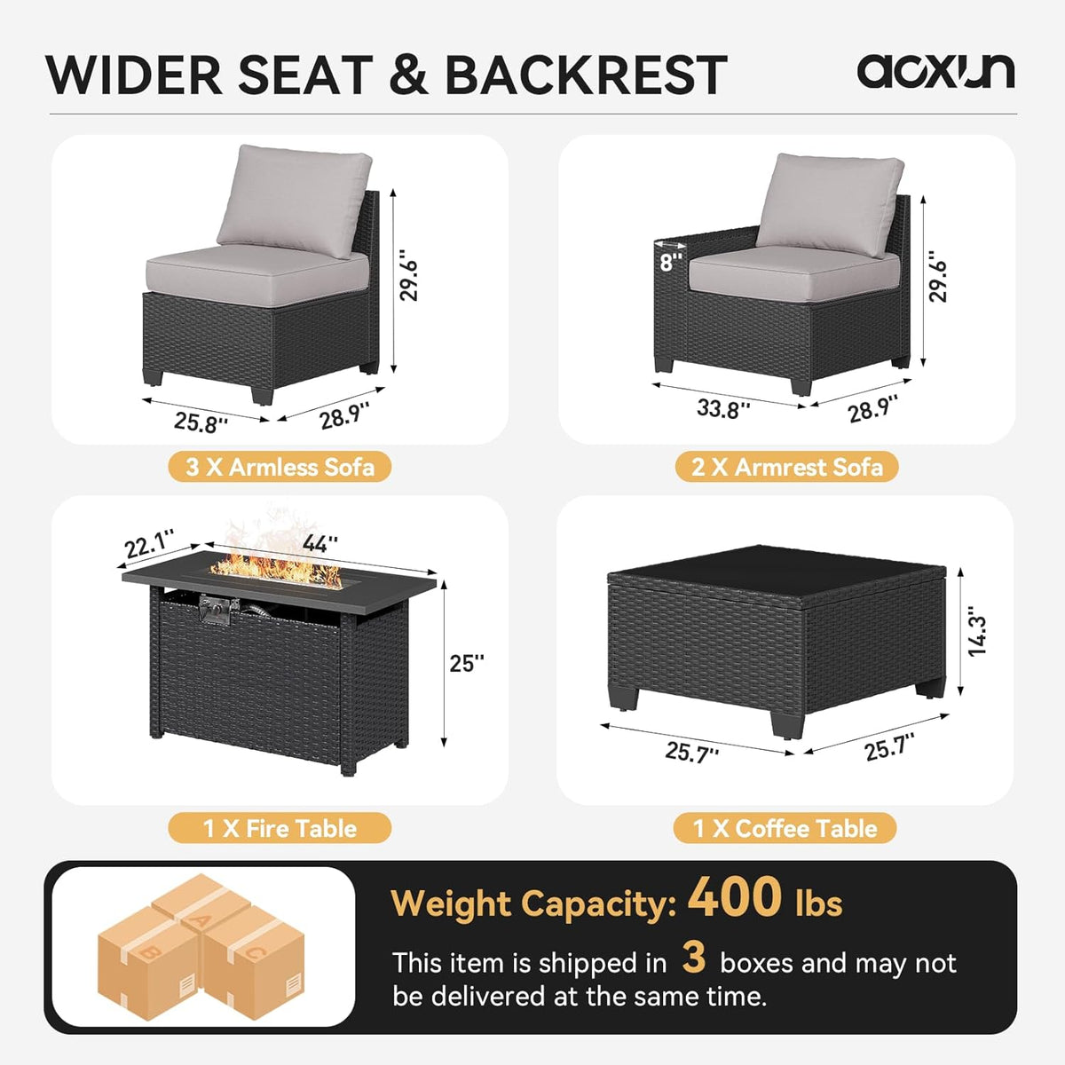 Aoxun Outdoor Patio Furniture Set with 44'' Fire Pit Table, 7 Pcs Outdoor Sectional with 4in Thicken Cushion, Widen Armrests Wicker for Backyard, Grey