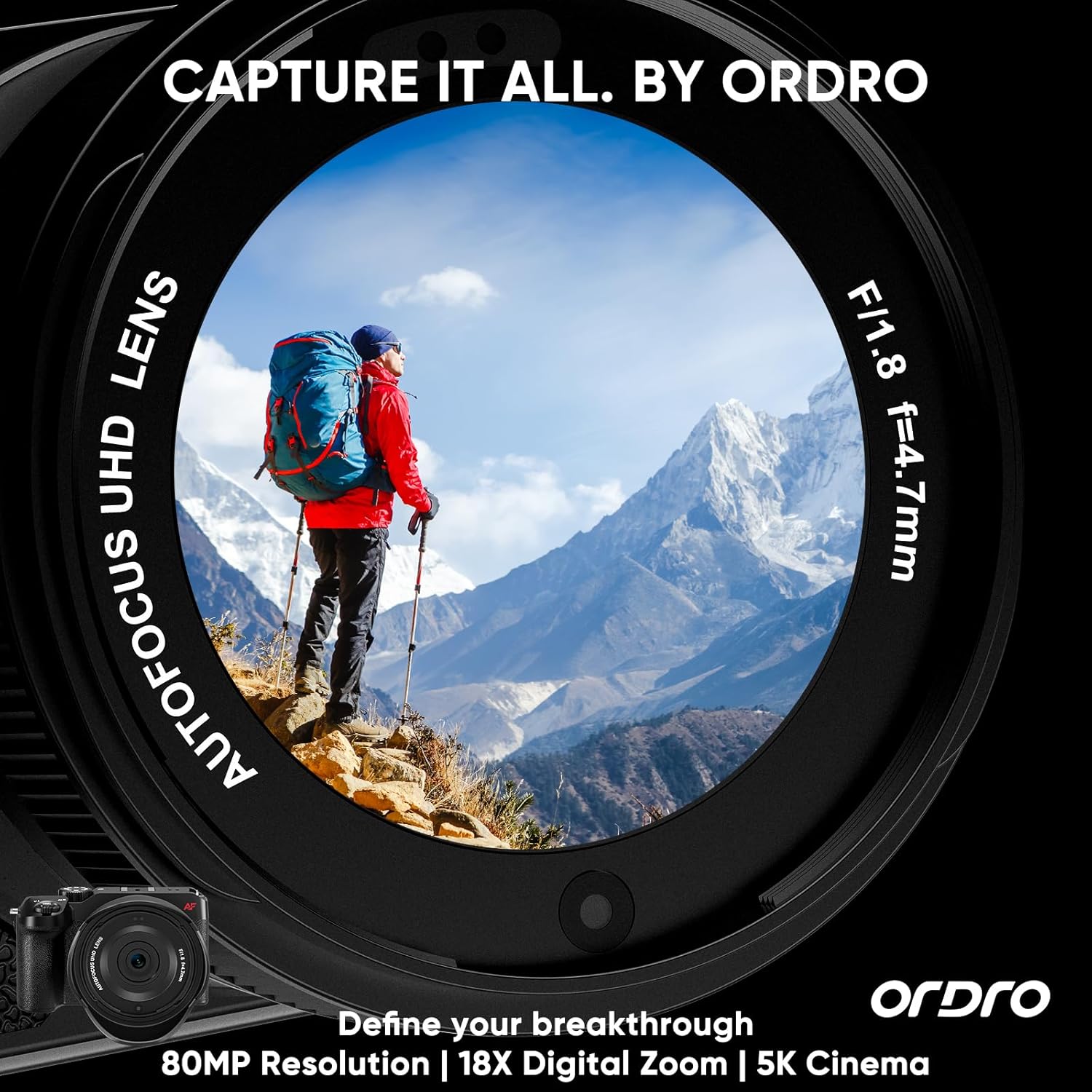 ORDRO Digital Cameras for Photography 5K-80MP Auto Focus Video Cameras for YouTube, 18X Zoom Camera with 180° Flip Screen, 2 Batteries, Lens Hood & 32GB Memory Card