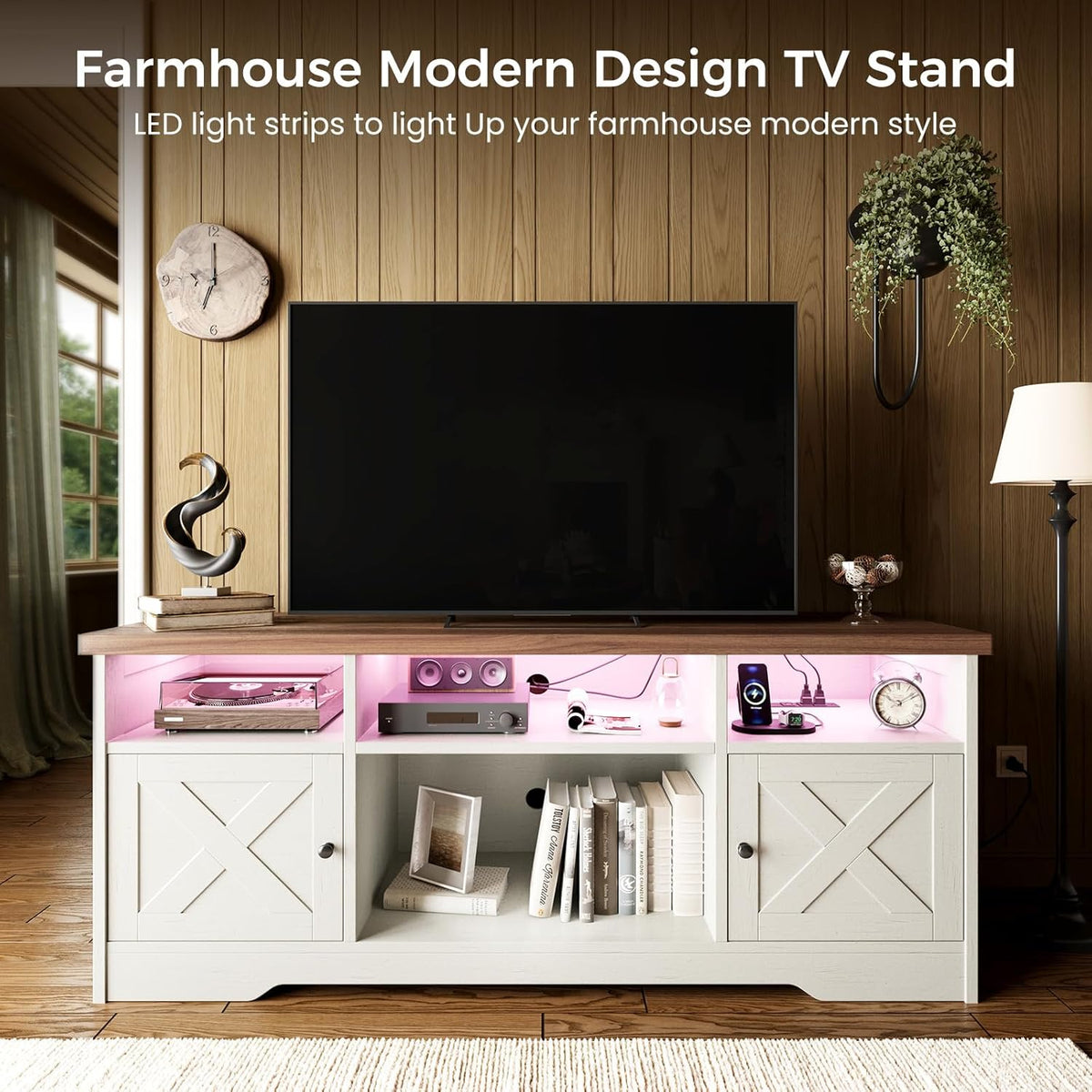 Casaottima TV Stand for 65 Inch TV, Farmhouse Entertainment Center with Power Outlet & LED Light and Storage Cabinets, Console Table and Media Furniture for Living Room Bedroom, White