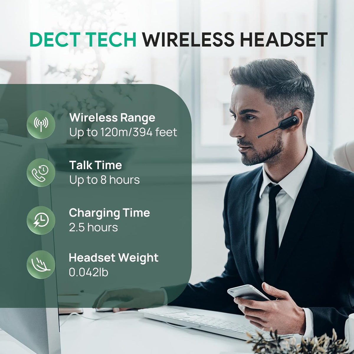 Yealink WH67 Wireless DECT Headset Upgrade,Teams Certified,Compatible with Desk Phone, PC, Mobile Phone, Office Single Ear (Mono) Bluetooth Headset, Noise Cancelling Mic,394ft Range,8H Talk Time