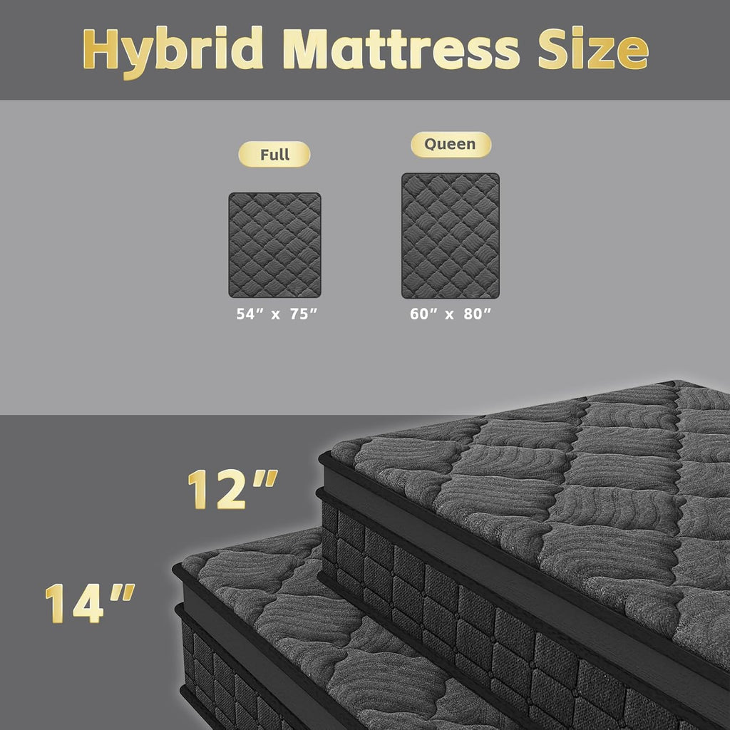 Queen Mattress, 12 Inch Hybrid Queen Size Mattress with Pocketed Springs and Comfort Foam, Pillow Top Mattress in a Box, Motion Isolation, Pressure Relief, Medium Firm Feel, CertiPUR-US