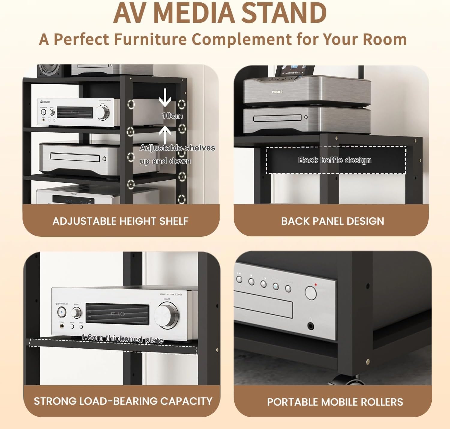 4 Tier AV Media Stand, Audio Rack Tower Stereo Components Cabinet, Home Theatre CD Record Player Stereo Receiver Equipment Rack with Adjustable Wood Shelves, Load 220lbs (Black)