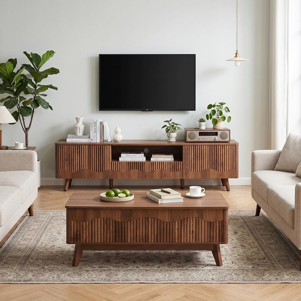 BERRYMERRY Fluted Wave TV Stand and Coffee Table Set of 2, Mid Century Modern Lift Top Coffee Table and Entertainment Center for Living Room (Walnut)