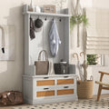 RUNNA Wooden Hall Tree with 5 Metal Hooks and 2 Large Drawers,Organizer with Bench,Top Shelves and Metal Handles,For Hallway Entryway Mudroom Use (White@Hooks)