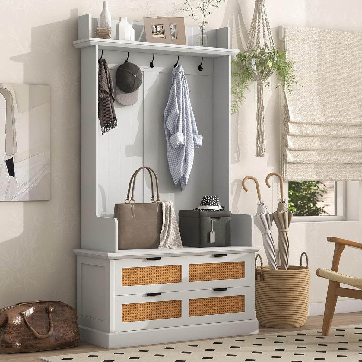 RUNNA Wooden Hall Tree with 5 Metal Hooks and 2 Large Drawers,Organizer with Bench,Top Shelves and Metal Handles,For Hallway Entryway Mudroom Use (White@Hooks)
