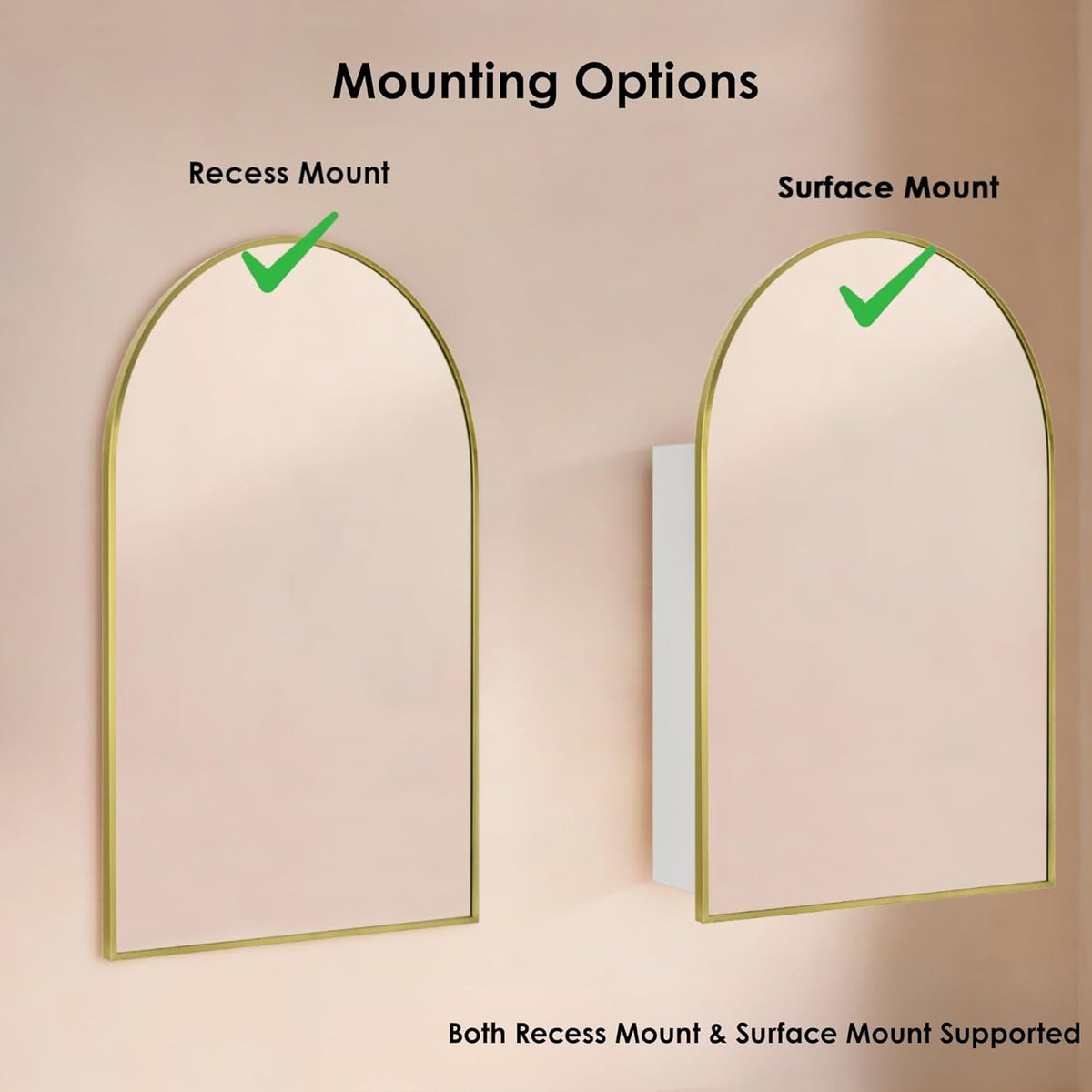 TEHOME 24 x 36'' Brushed Gold Arch Bathroom Medicine Cabinet with Mirror Recessed and Surface Mounted Medicine Cabinet Mirror
