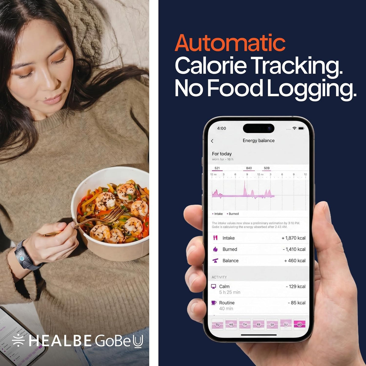HEALBE Calorie Tracker, Automatic Calorie Intake Smart Band with App, Screen-Free Fitness Tracker, Sleep, Hydration, Stress, 24/7 Heart Rate, 5 ATM Waterproof