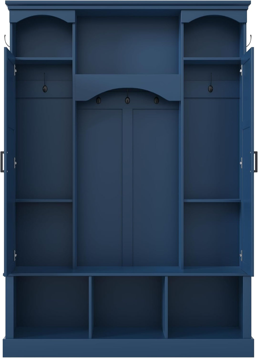 Modern Farmhouse Hall Tree with Adjustable Shelves & 7 Hooks, All-in-One Entryway Organizer, Shoe Cabinet & Storage Bench for Mudroom, Hallway, Classic Arched Design, Dual Side Cabinets (Blue Style6)