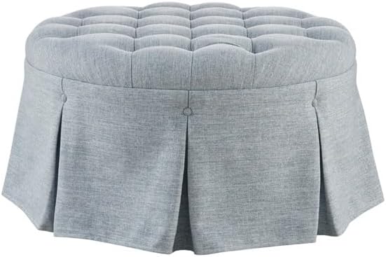 Martha Stewart Cocktail Ottoman for Living Room Fully Upholstered, Button Tufted Round Ottoman Footrest, Pleated Skirt, Extra Seating Bedroom Ottoman Furniture Decor, Terry, 32" W, Light Blue