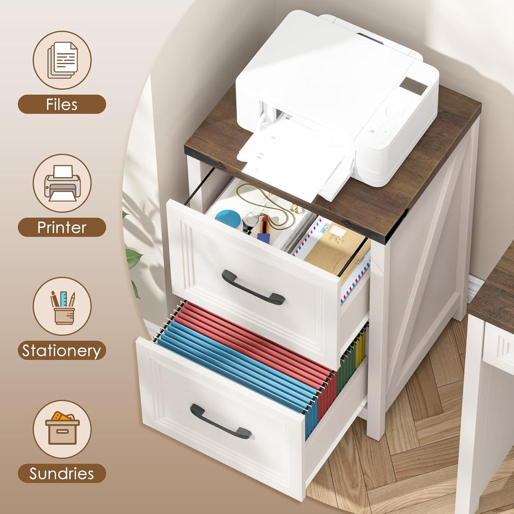 Vabches 2 Drawer Vertical File Cabinet, Wood Farmhouse Filing Cabinet Fits A4/Letter Size, Under Desk Small File Cabinets Printer Stand with Storage for Home Office, White and Brown