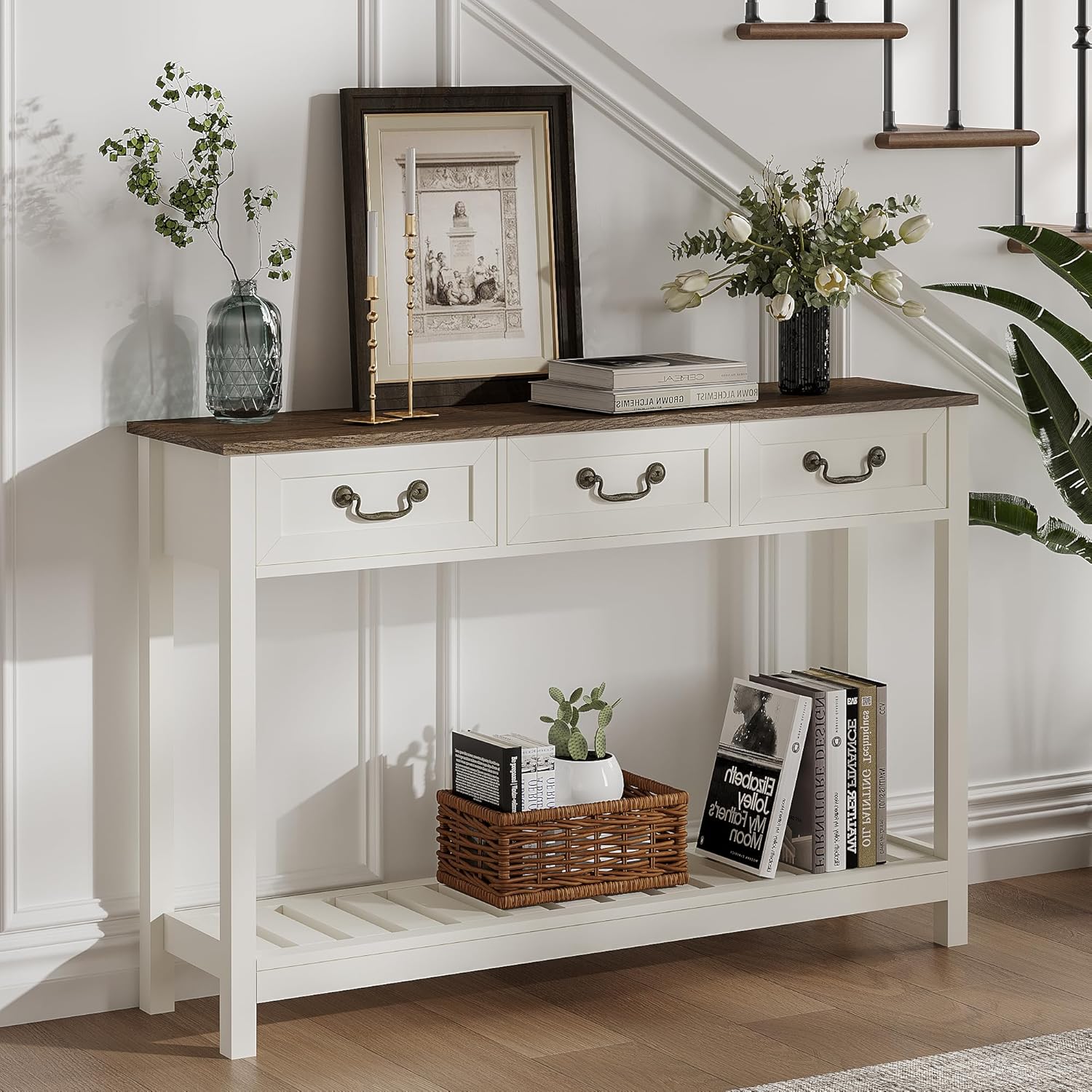 ChooChoo 47" Farmhouse Console Table with 3 Drawers, Rustic Entryway Table, Narrow Long Sofa Table for Living Room, Hallway, Behind Couch, Soft White and Brown