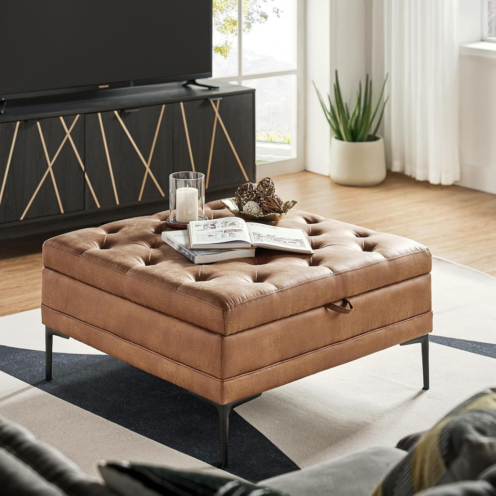 HULALA HOME Faux Leather Coffee Table, 36.5" Square Storage Ottoman with Metal Legs, Button-Tufted Coffee Table with Storage for Living Room, Camel
