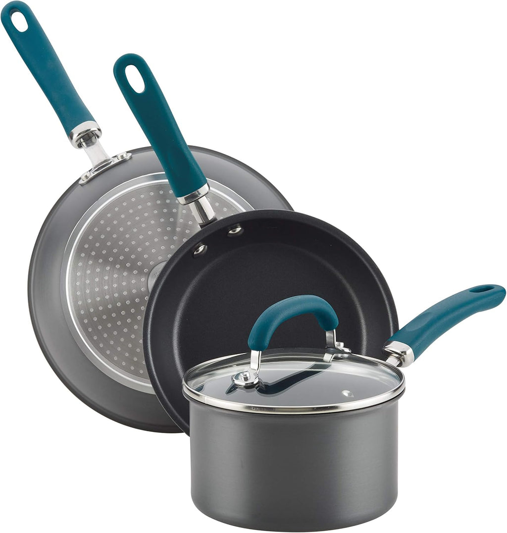 Rachael Ray Create Delicious Hard Anodized Nonstick Cookware Pots and Pans Set, 11 Piece, Gray with Teal Handles
