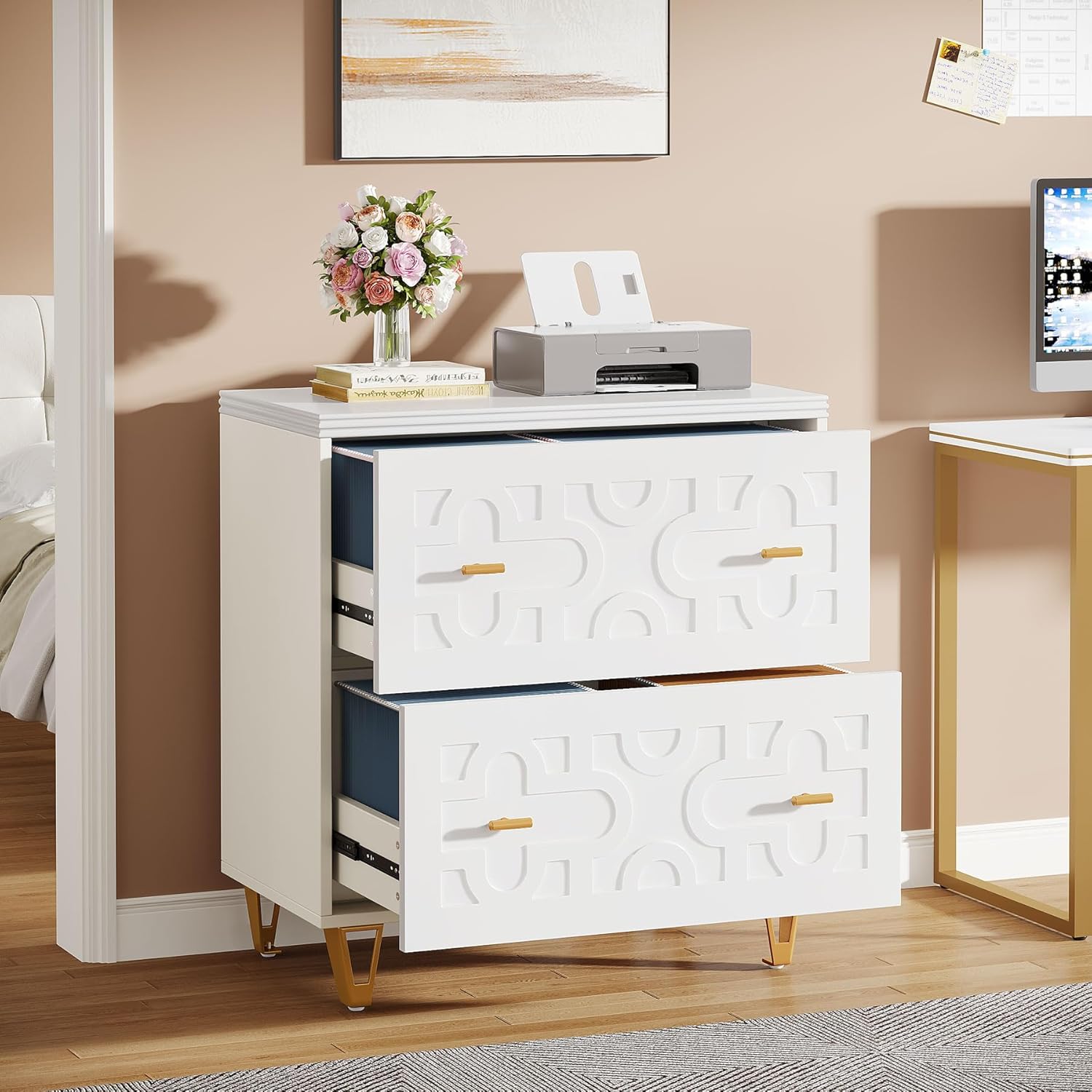Tribesigns 2-Drawer Lateral File Cabinet, Modern White Filing Cabinet for Legal/Letter/A4 Size, Large Storage Filing Cabinet Printer Stand for Home Office, Warm White and Gold