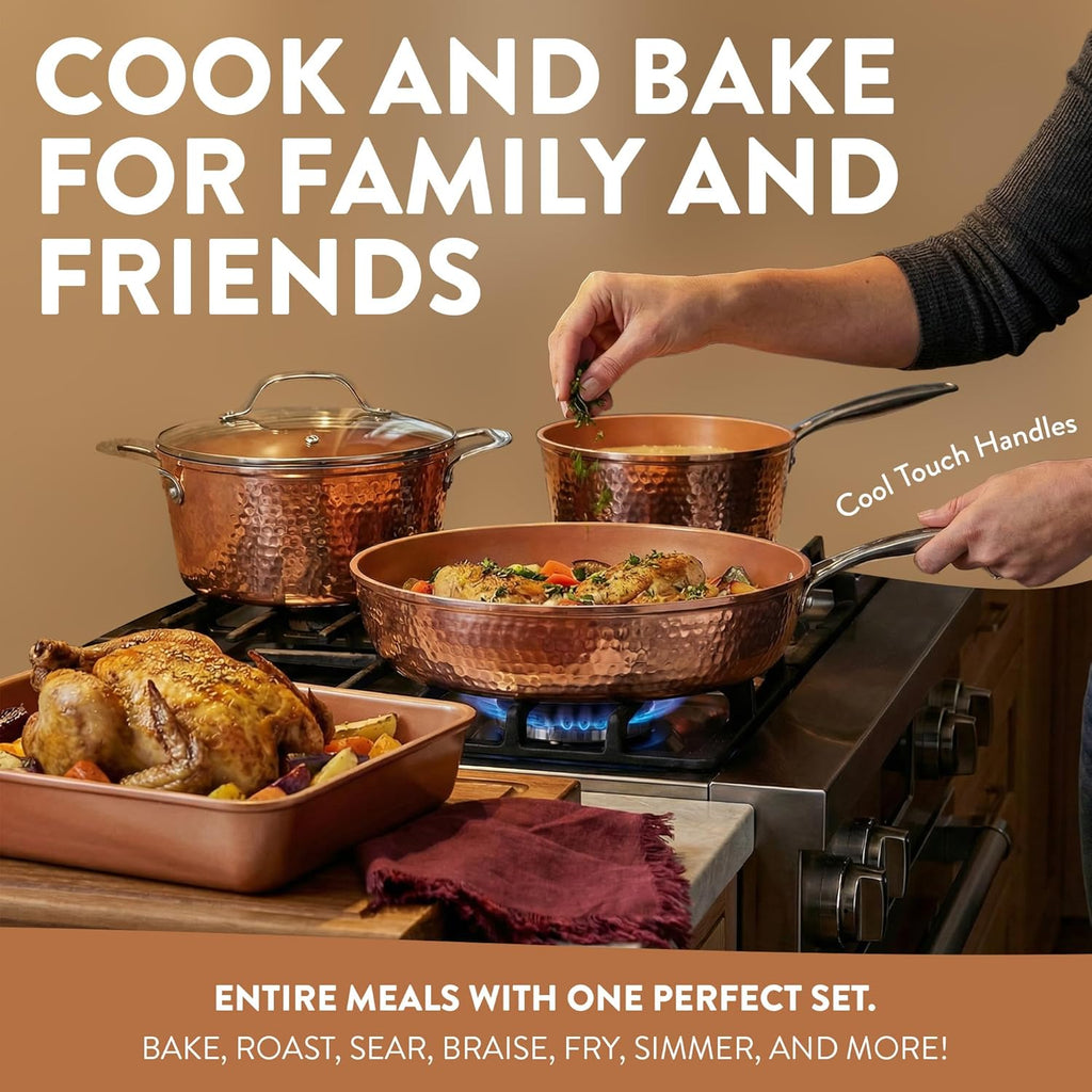 Gotham Steel Hammered 24 Pc Ceramic Cookware Set Nonstick, Induction Ceramic Pots and Pans Set Non Stick with Deep Square Pan Set & Bakeware Set, Non Toxic PFOA PFOS Free, Oven & Dishwasher Safe