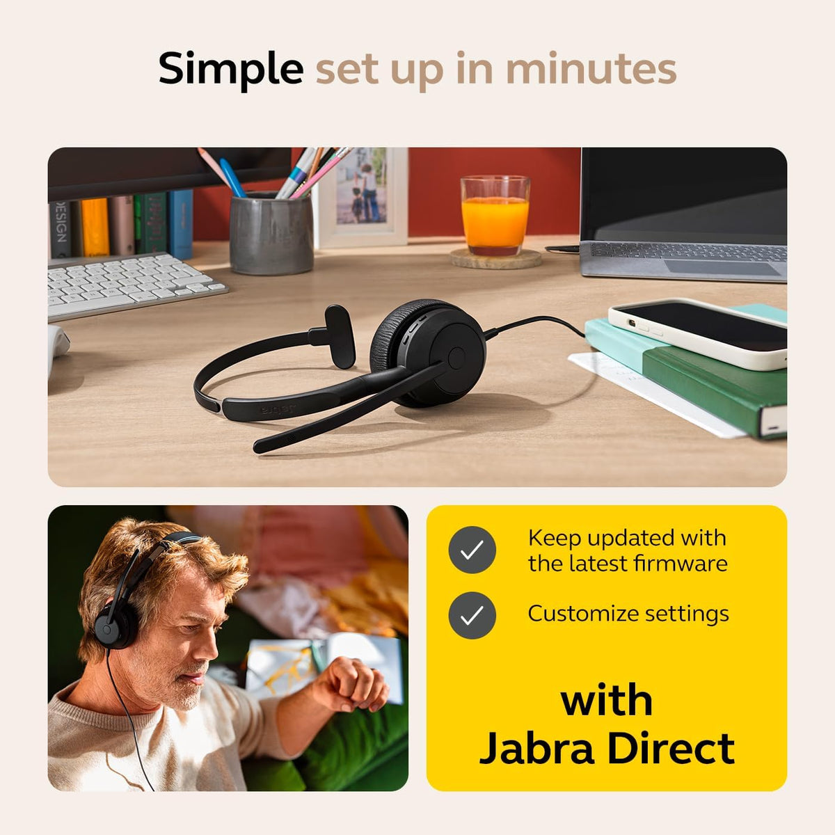 Jabra Evolve2 50 Wired Single-Ear Headset - Noise Cancelling Headphones, Bluetooth Headset for Work with Noise Cancelling Microphones, Works with Online Meeting Platforms Like Zoom & Google, Black
