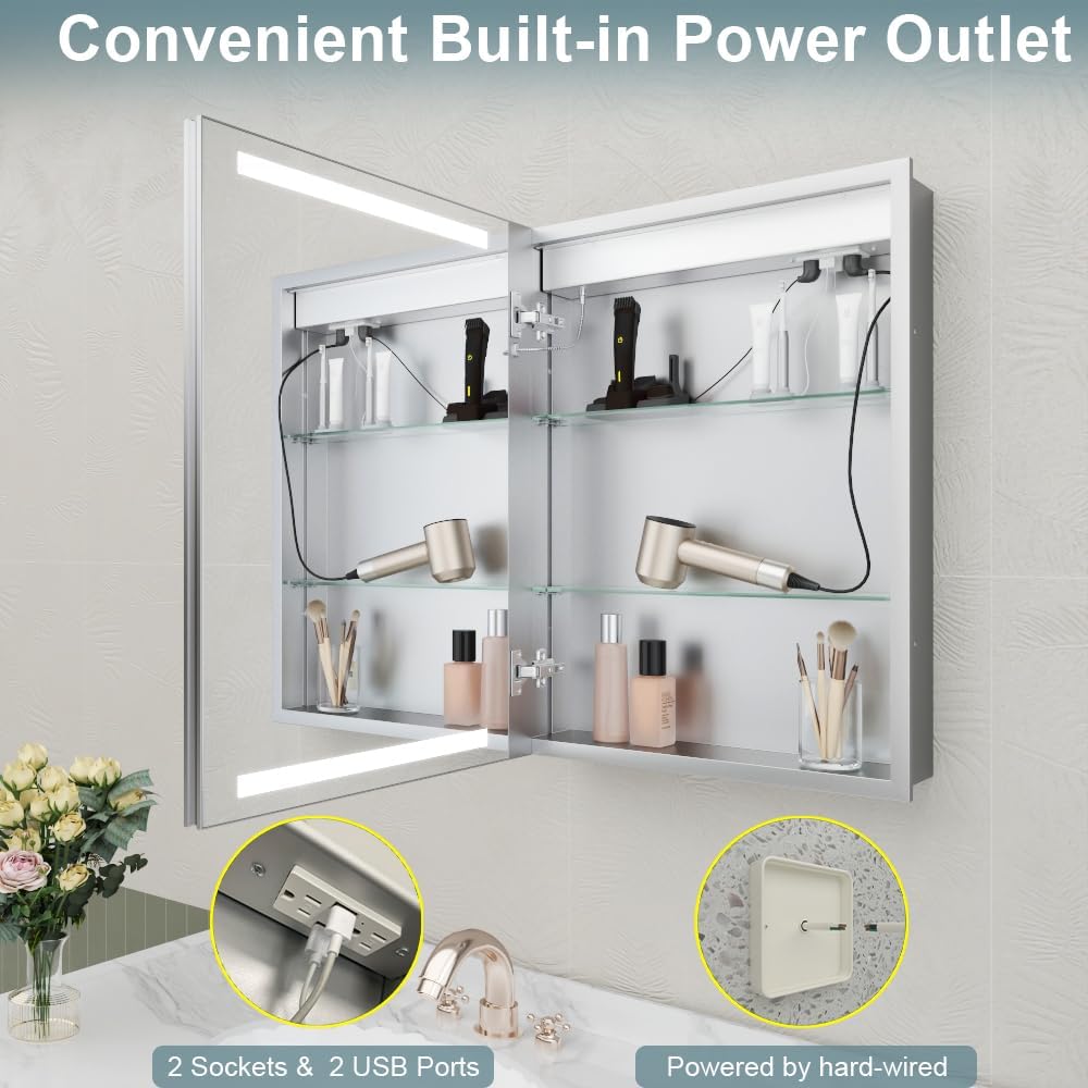 Bathroom Medicine Cabinet with Lights, 20"x26" LED Medicine Cabinet with Dual-Sided Mirror, Socket/USB, Adjustable Shelves & Organizer Box, Anti-Fog & 3-Color Dimmable LED with Memory, Full Aluminum