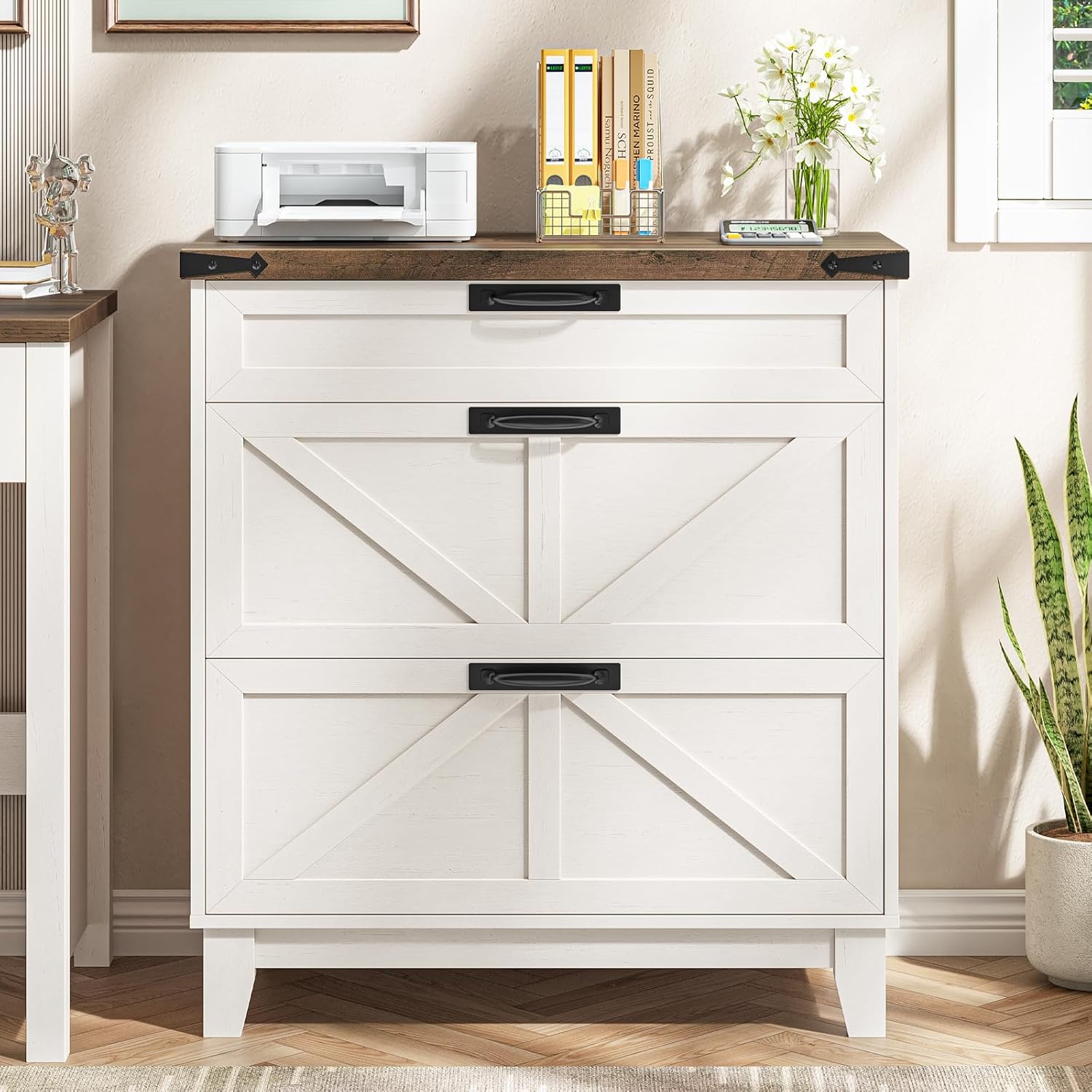 Vabches Lateral File Cabinet with 3 Drawers, Farmhouse File Cabinet for Legal/Letter/A4 Size Hanging Files, Large Wood Printer Stand Home Office, Rustic White