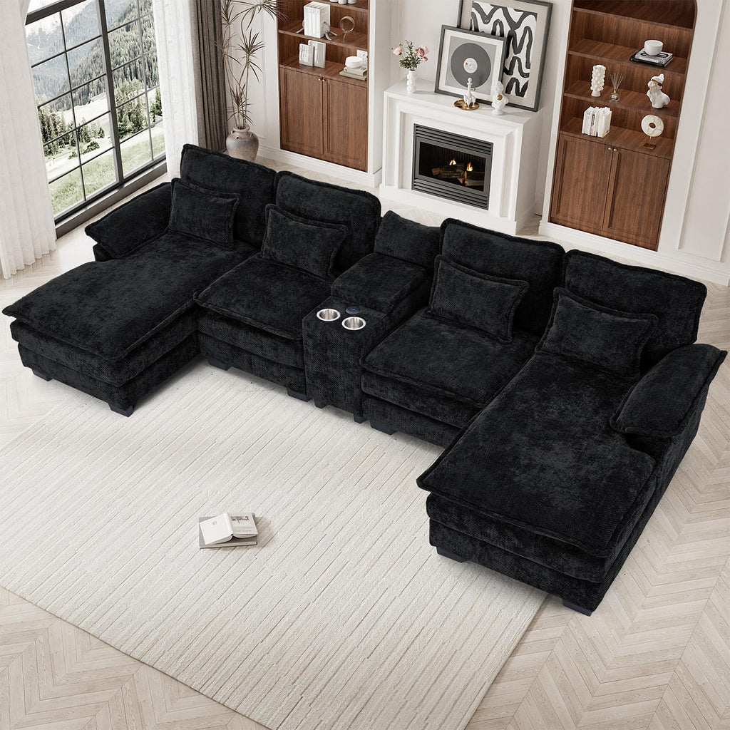 133" Oversized U Shaped Cloud Couch Modular Sectional Couches for Living Room Comfy Chenille Deep Seat Sofa Set with Double Chaise Lounge, Storage Central Console, Cup Holders, USB Port, Dark Black