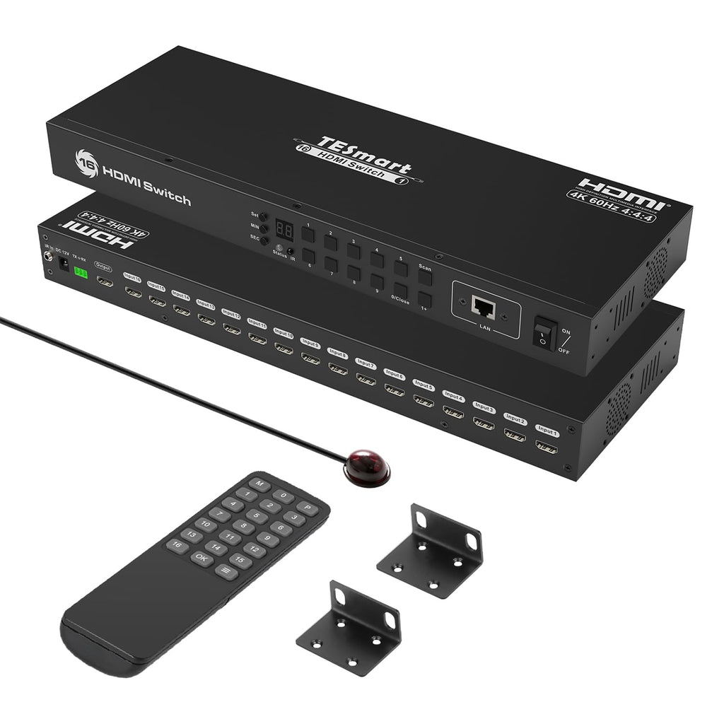 TESmart 16×1 HDMI Switch 16 in 1 Out 4K HDMI Switcher with IR Remote 4K@60hz 16 Port HDMI Switch Box HDCP 2.2,Auto Switch,19-inch Rack-Ears Mount,LAN Port Control,Auto Scan Switch