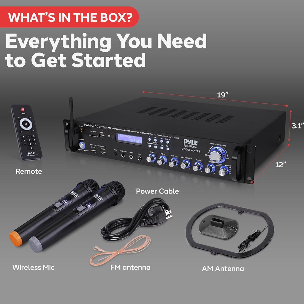 Pyle Bluetooth Home Audio Power Amplifier -4 Ch. 3000W, Stereo Receiver w/Speaker Selector, FM Radio, USB, Headphone, 2 Wireless Mics for Karaoke, Great for Home Entertainment System - PWMA3003BT.NEW