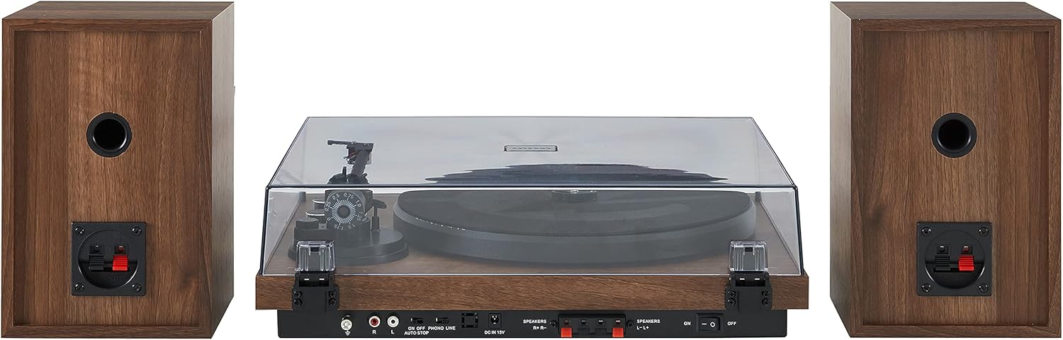 Crosley C62 Bluetooth Vinyl Record Player 120W Speakers, 2-Speed Belt-Drive Turntable, Anti-Skate, Walnut