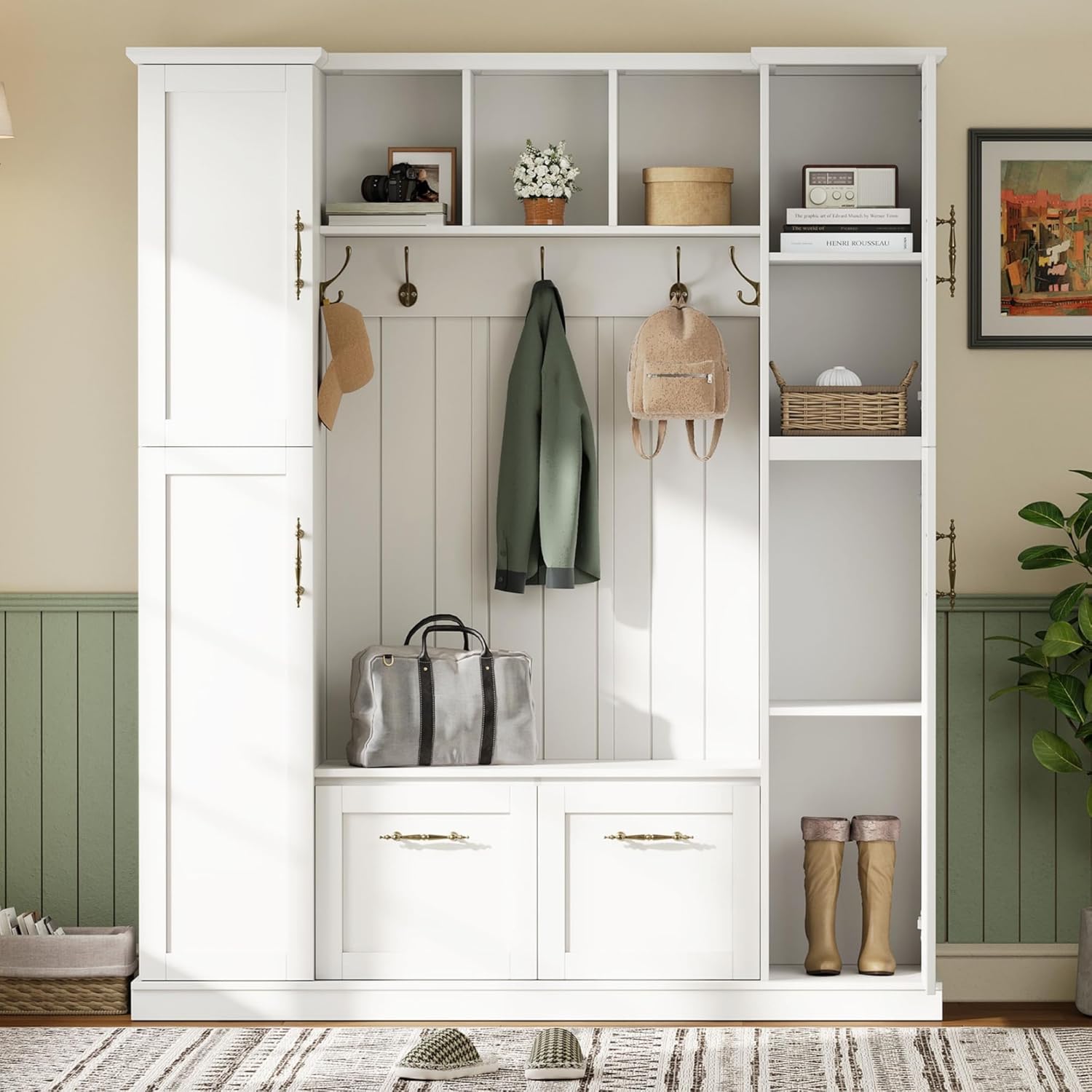 Farmhouse Elegant Hall Tree with 4 Side Cabinets, All-in-One Mudroom Furniture with Adjustable Shelves & Open Cubbies, Beadboard Entryway Bench with Coat Rack & 5 Hooks for Hallway (White-5.7)